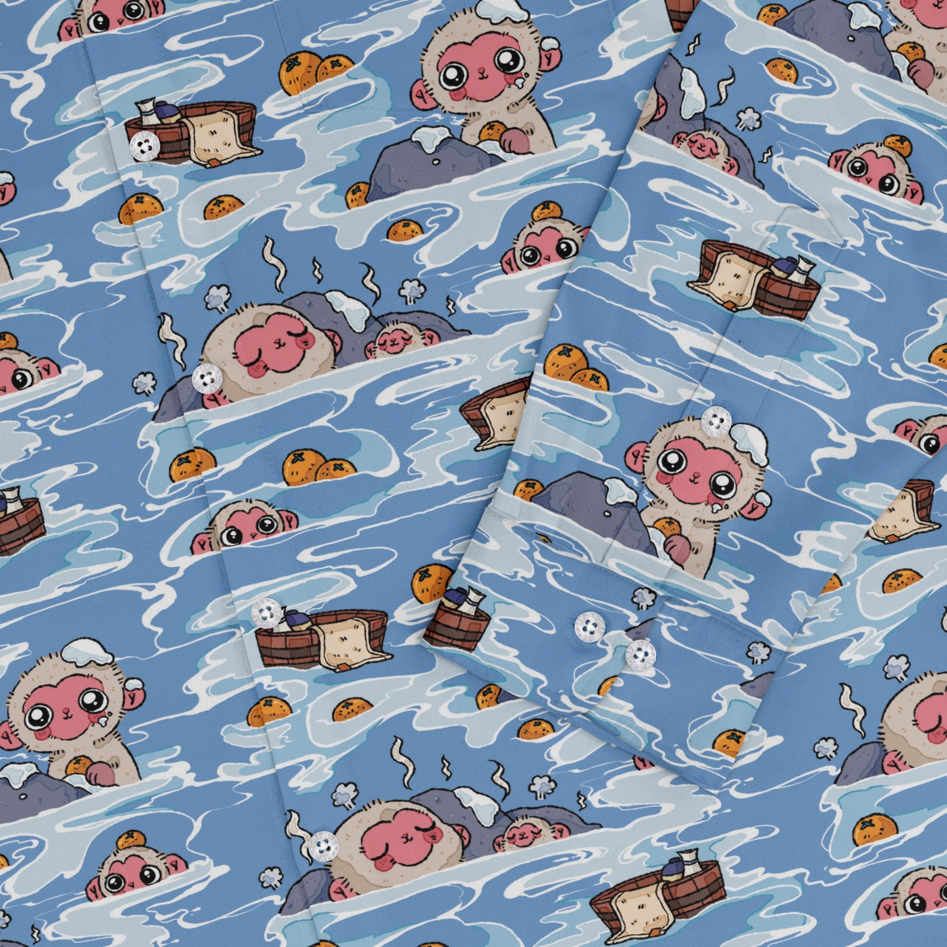 Onsen Snow Monkeys Long Sleeve Button Up Shirt Geek Nerd adult sizing Anime Christmas Print