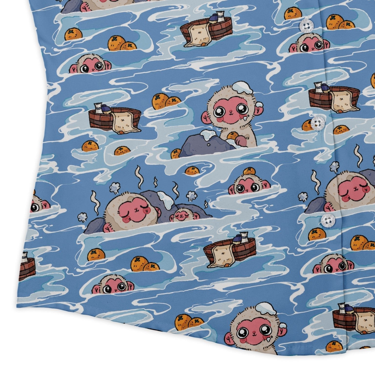 Onsen Snow Monkeys Curvy Button Up Shirt Geek Nerd Anime Christmas Print Design by Ardi Tong