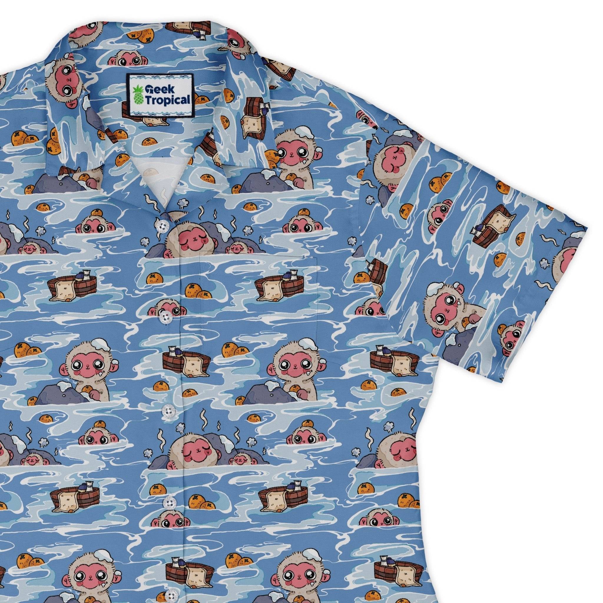 Onsen Snow Monkeys Curvy Button Up Shirt Geek Nerd Anime Christmas Print Design by Ardi Tong