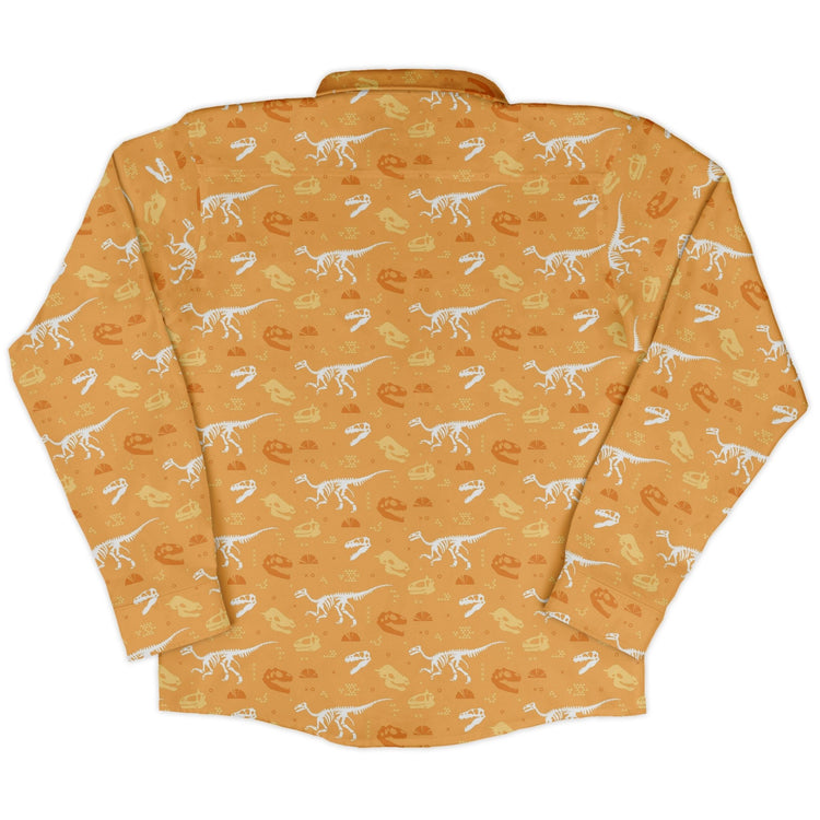 Orange Dinosaur Bones Long Sleeve Button Up Shirt Geek Nerd adult sizing dinosaur print FLOW DESC WRITING