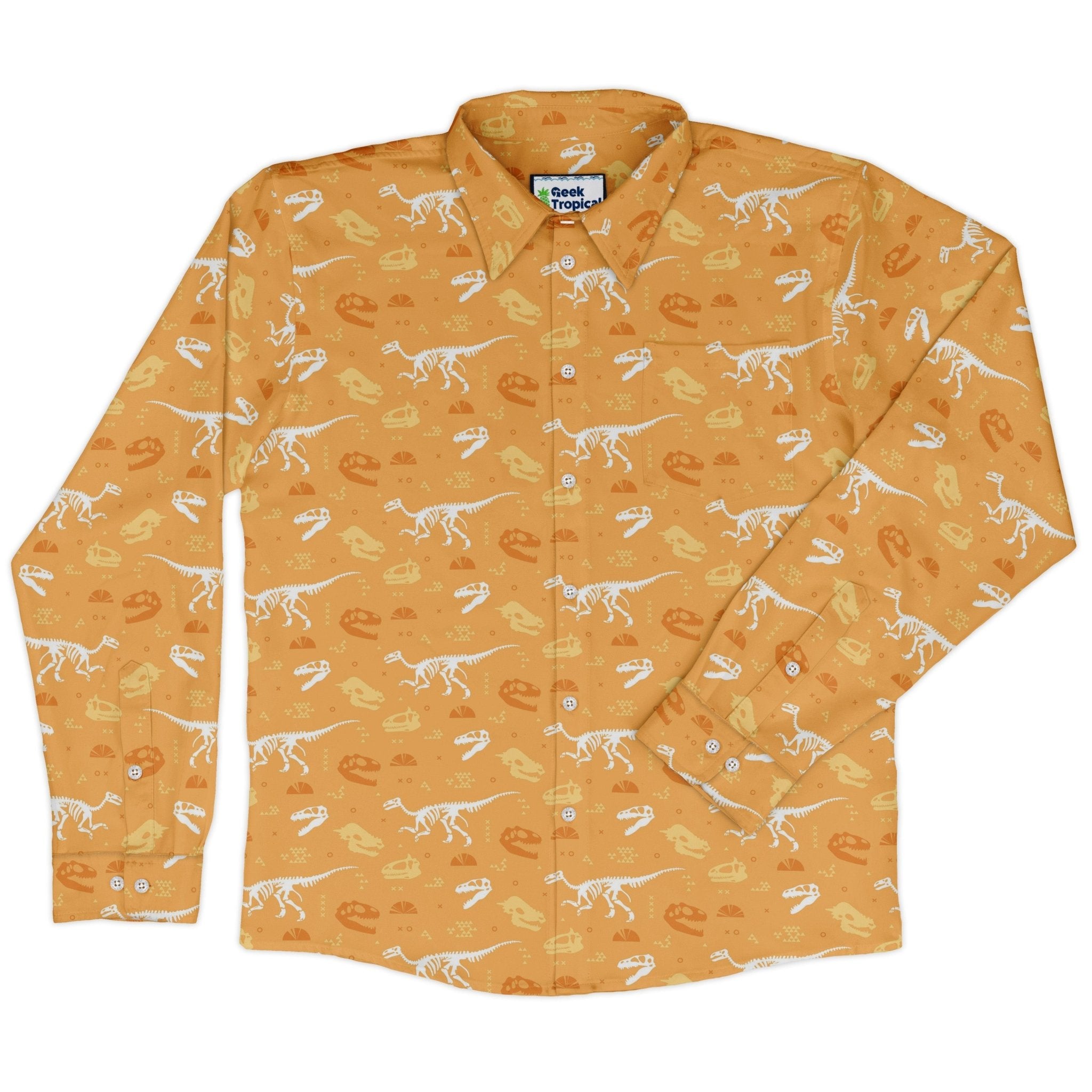 Orange Dinosaur Bones Long Sleeve Button Up Shirt Geek Nerd adult sizing dinosaur print FLOW DESC WRITING