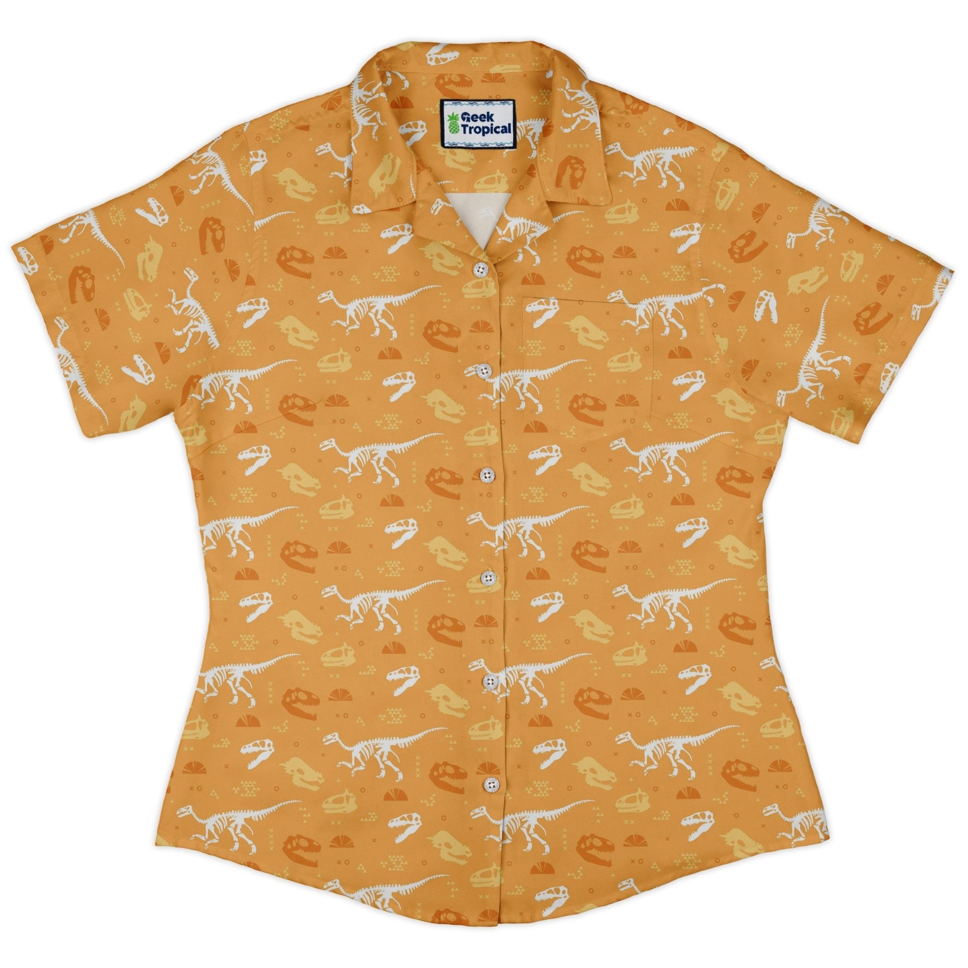 Orange Dinosaur Bones Curvy Button Up Shirt Geek Nerd dinosaur print women