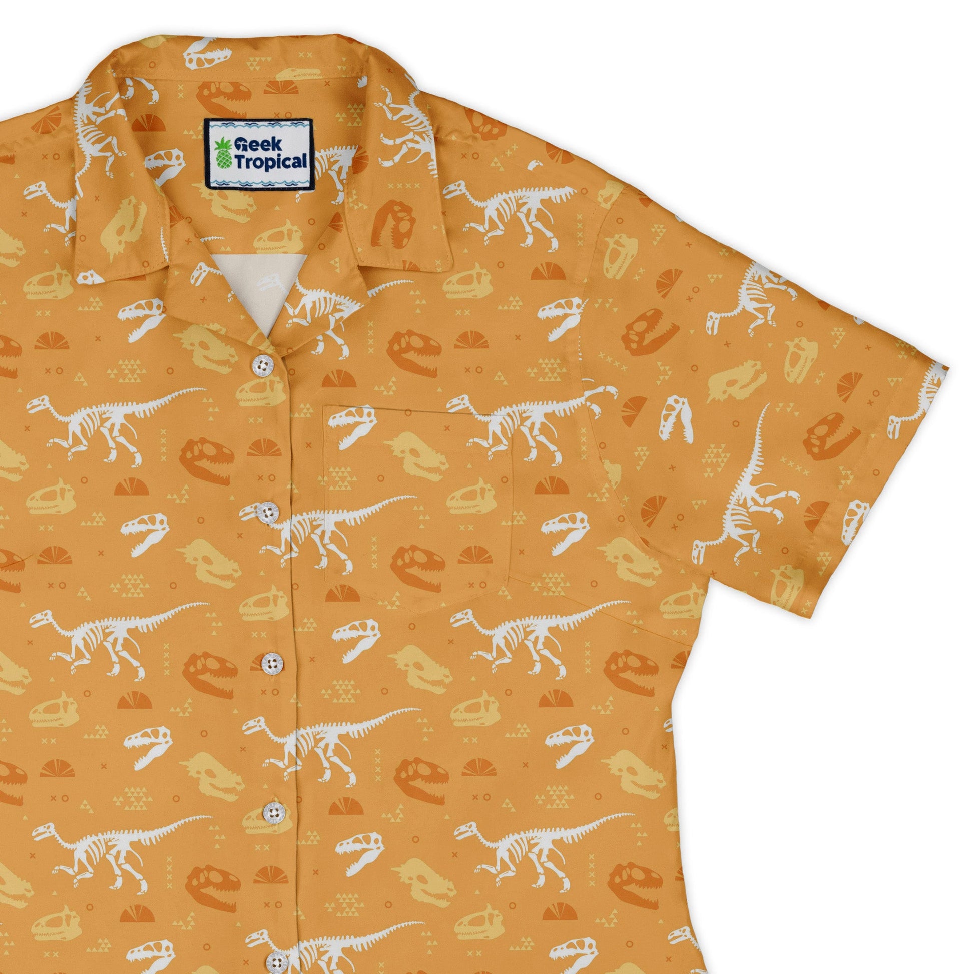 Orange Dinosaur Bones Curvy Button Up Shirt Geek Nerd dinosaur print women