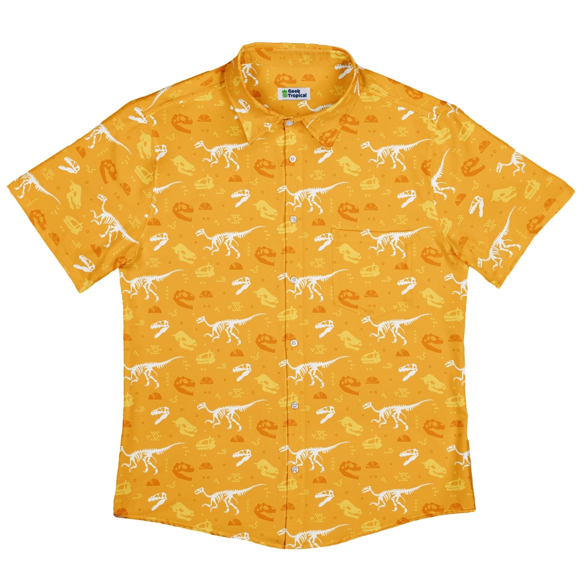 Clearance Ready - to - Ship Orange Dinosaur Bones Button Down with Pocket Geek Nerd adult sizing Clearance dinosaur print