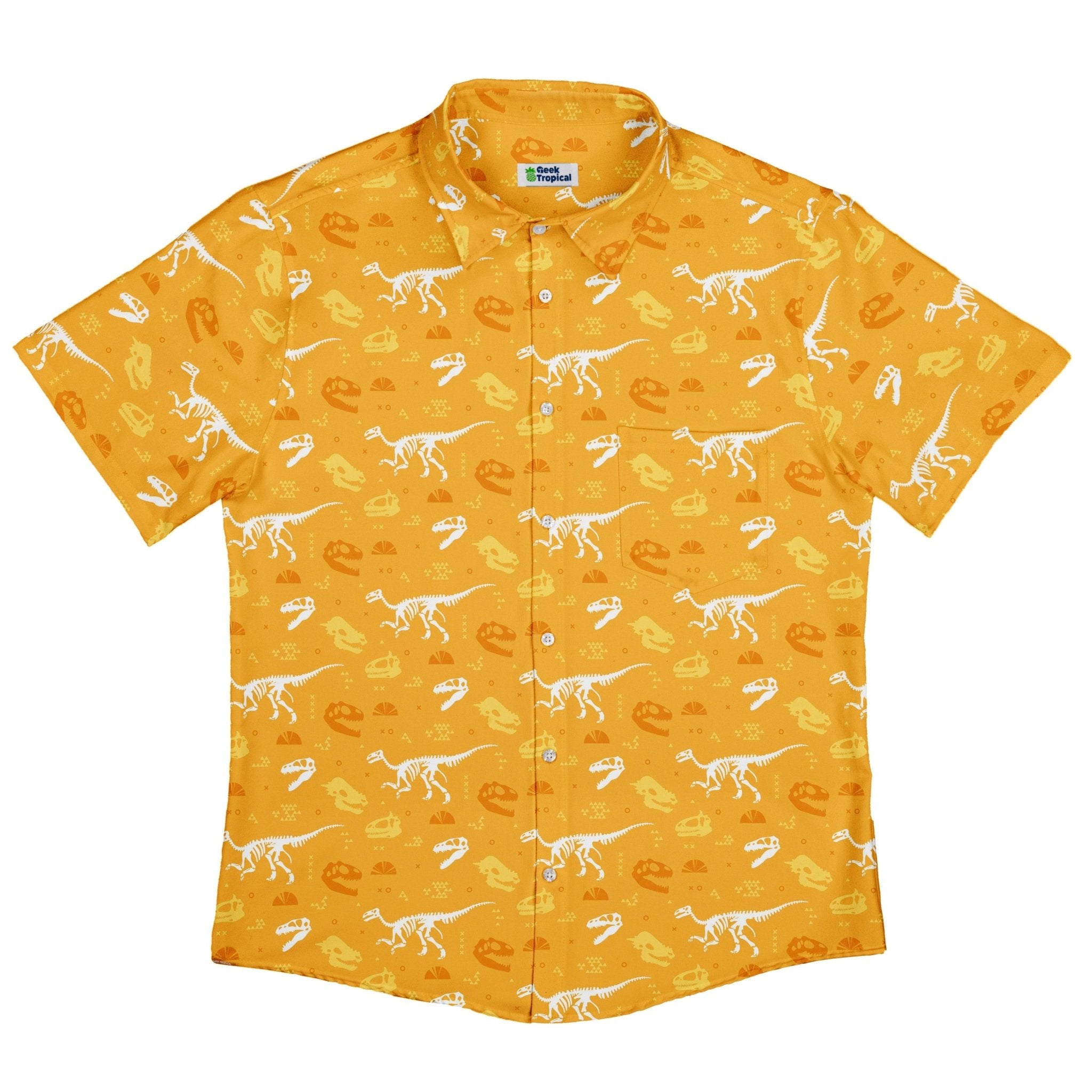 Orange Dinosaur Bones Button Up Shirt - adult sizing - dinosaur print -