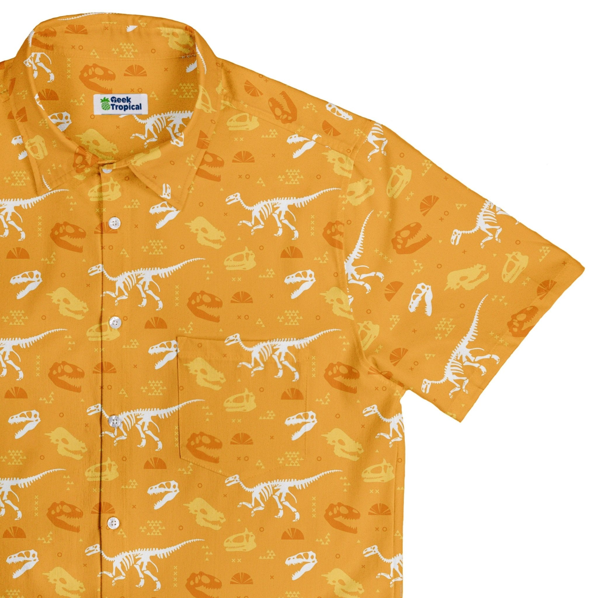 Orange Dinosaur Bones Button Up Shirt - adult sizing - dinosaur print -