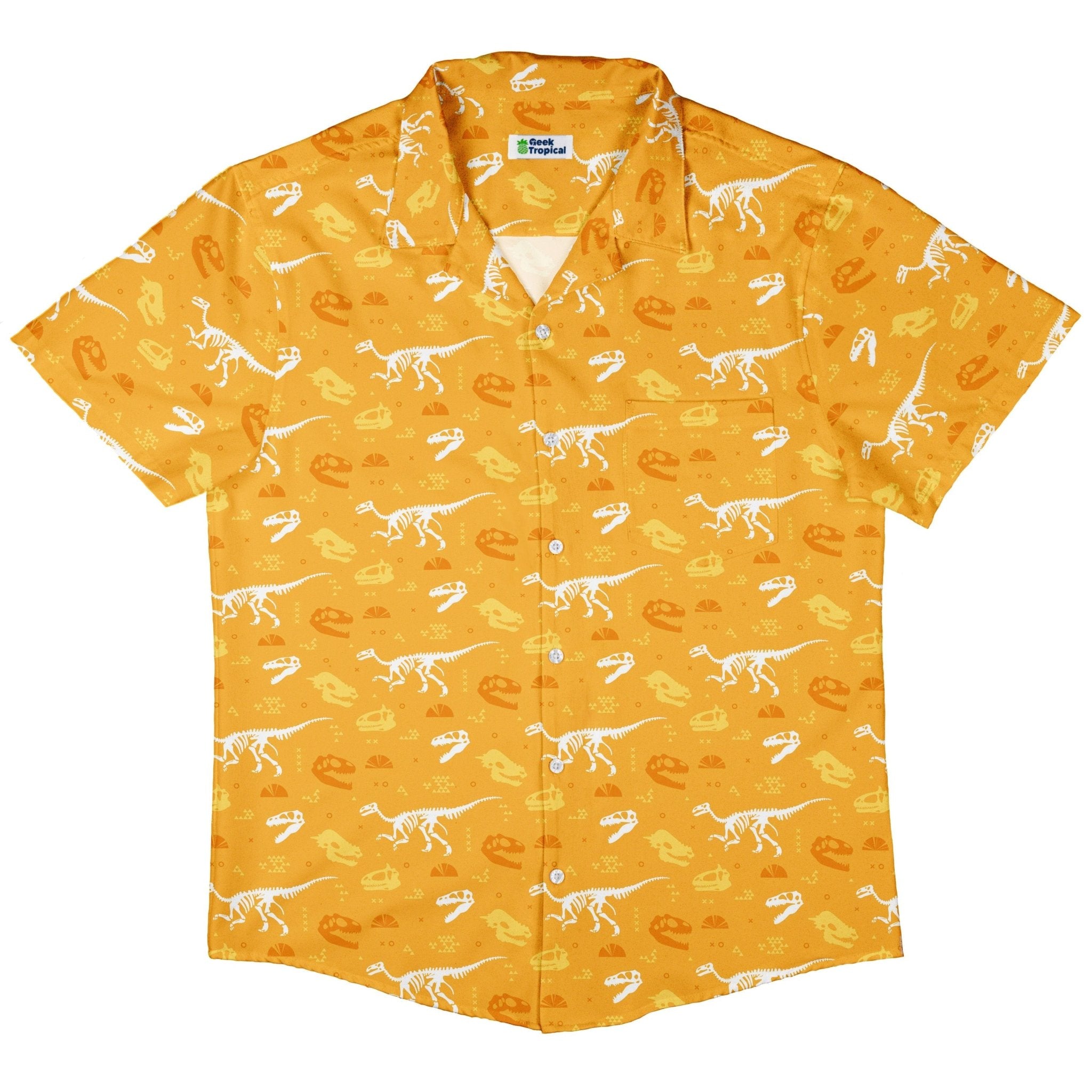 Orange Dinosaur Bones Button Up Shirt - adult sizing - dinosaur print -