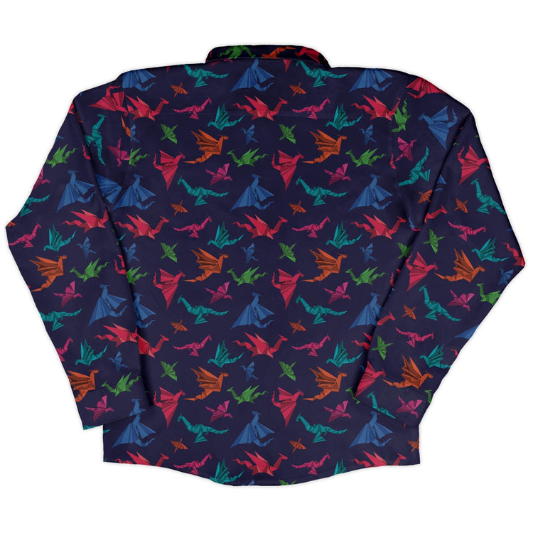 Origami Dragons Dark Long Sleeve Button Up Shirt Geek Nerd adult sizing Designs by Nathan Fantasy Prints