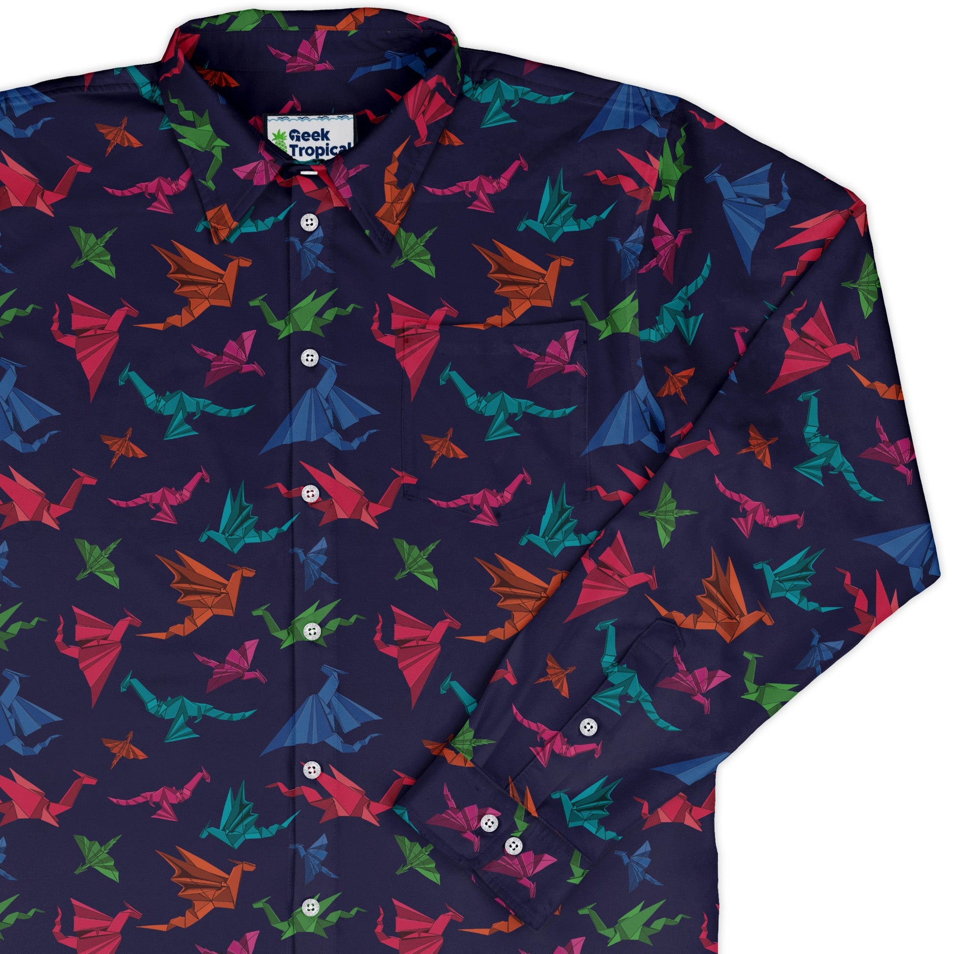 Origami Dragons Dark Long Sleeve Button Up Shirt Geek Nerd adult sizing Designs by Nathan Fantasy Prints