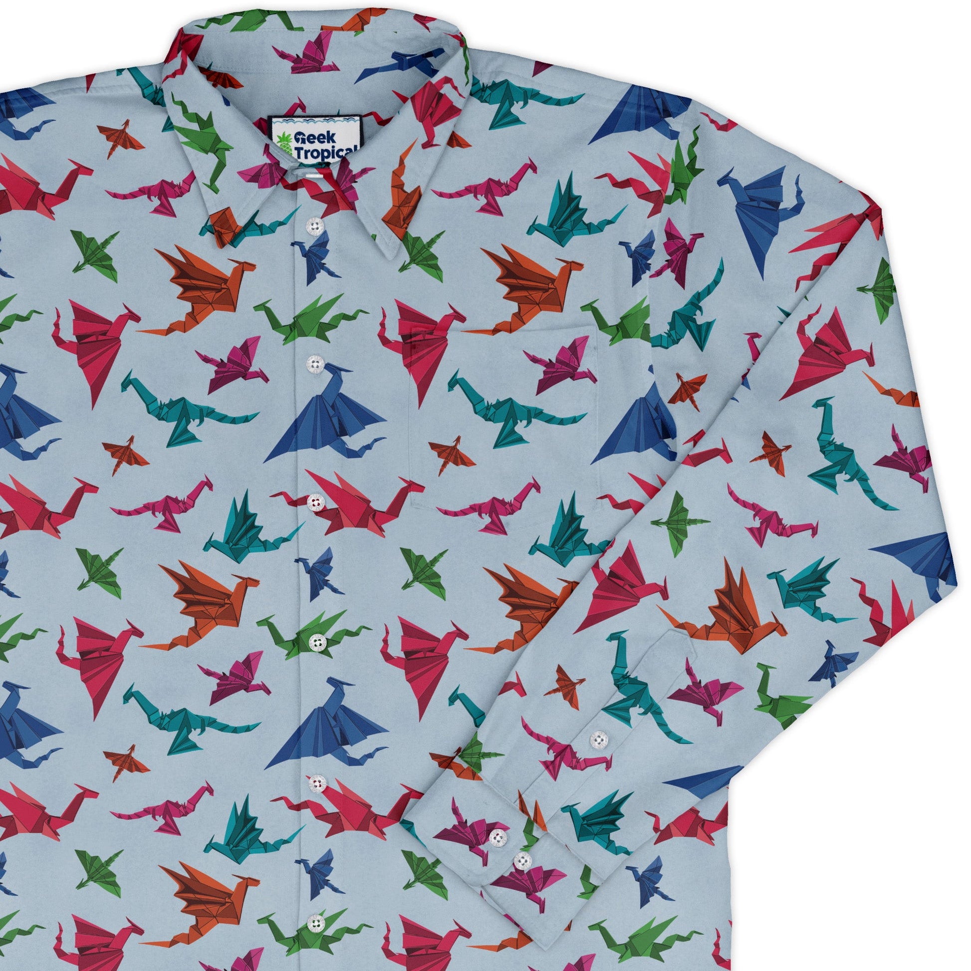 Origami Dragons Light Long Sleeve Button Up Shirt Geek Nerd adult sizing Designs by Nathan Fantasy Prints