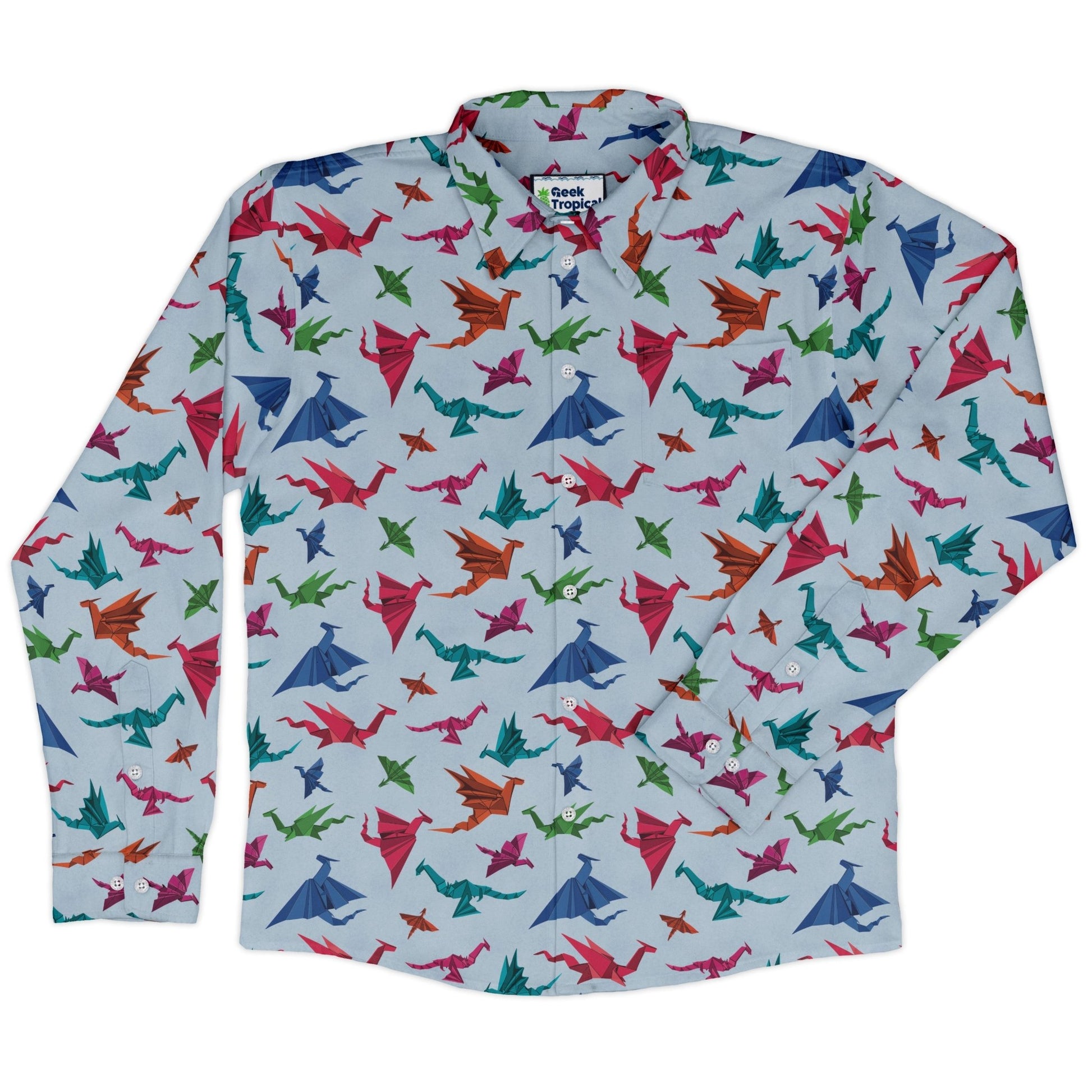 Origami Dragons Light Long Sleeve Button Up Shirt Geek Nerd adult sizing Designs by Nathan Fantasy Prints
