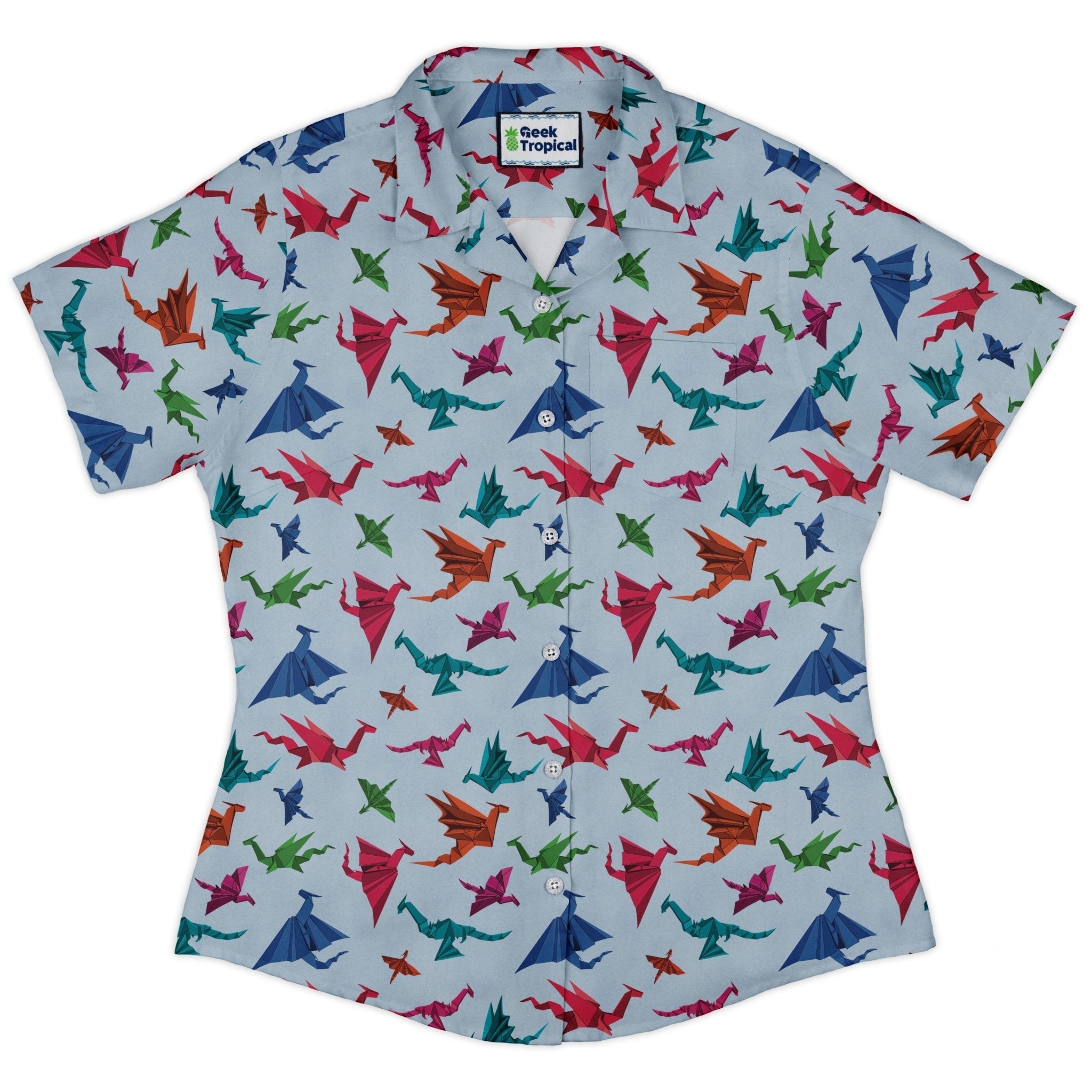 Clearance Ready - to - Ship Origami Dragons Light Curvy Button Up Shirt Geek Nerd Clearance Designs by Nathan Fantasy Prints
