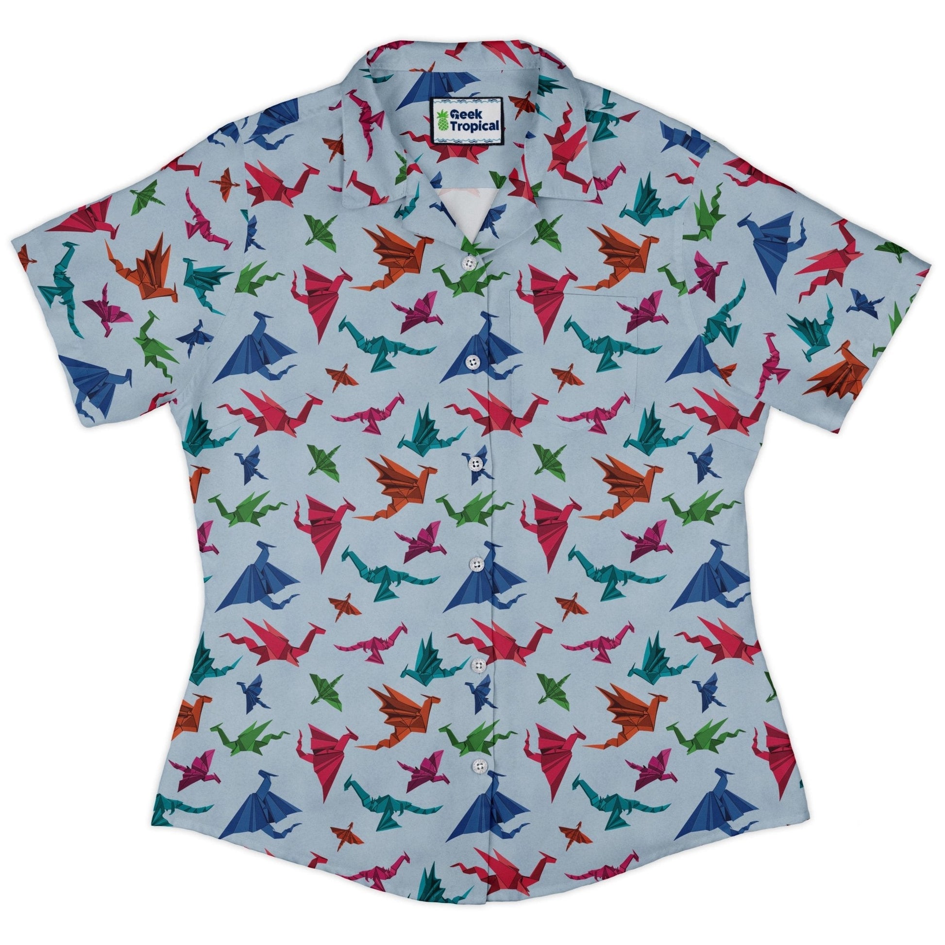 Clearance Ready - to - Ship Origami Dragons Light Curvy Button Up Shirt Geek Nerd Clearance Designs by Nathan Fantasy Prints