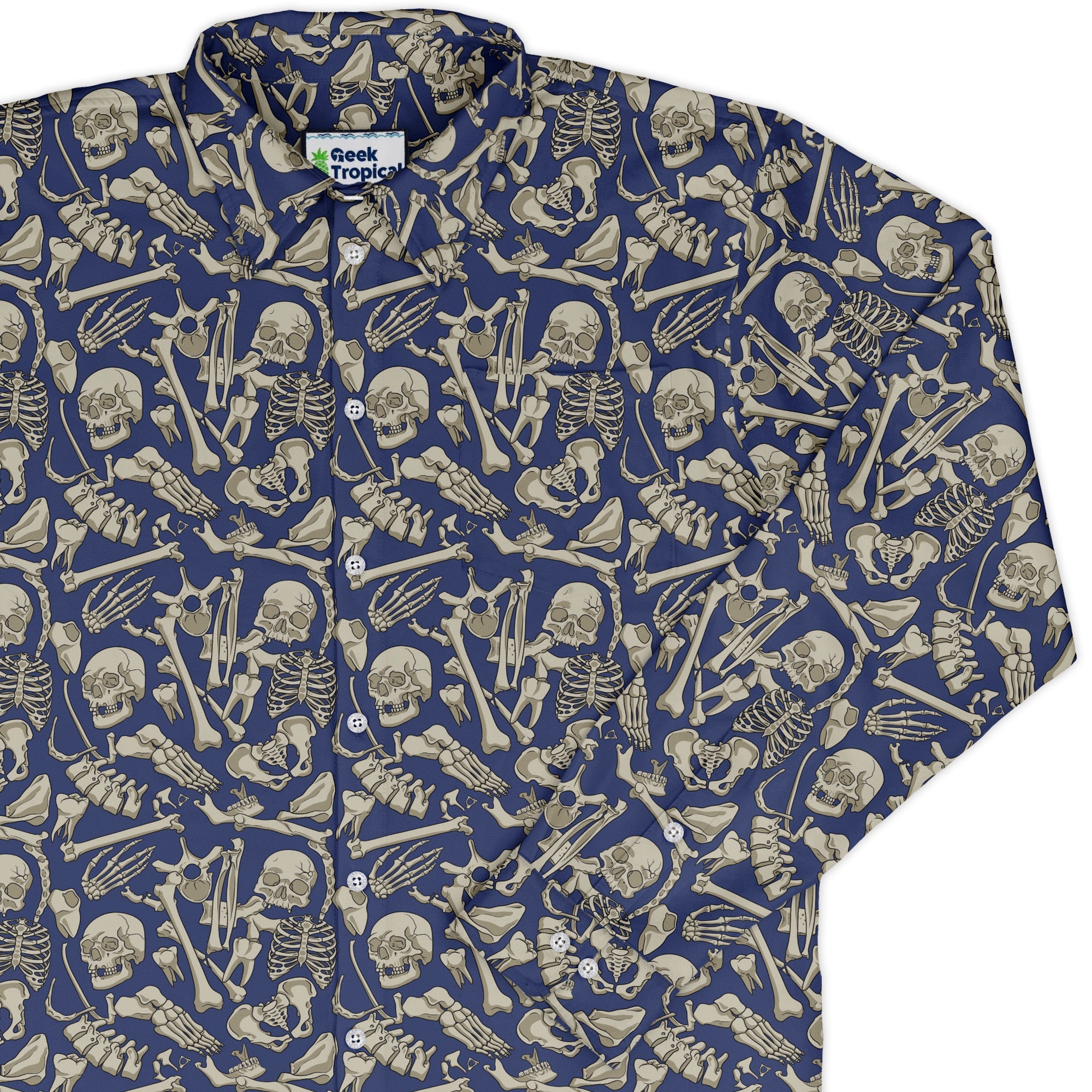 Osteology Dream Long Sleeve Button Up Shirt Geek Nerd adult sizing Design by Julie Kitzes FLOW DESC WRITING