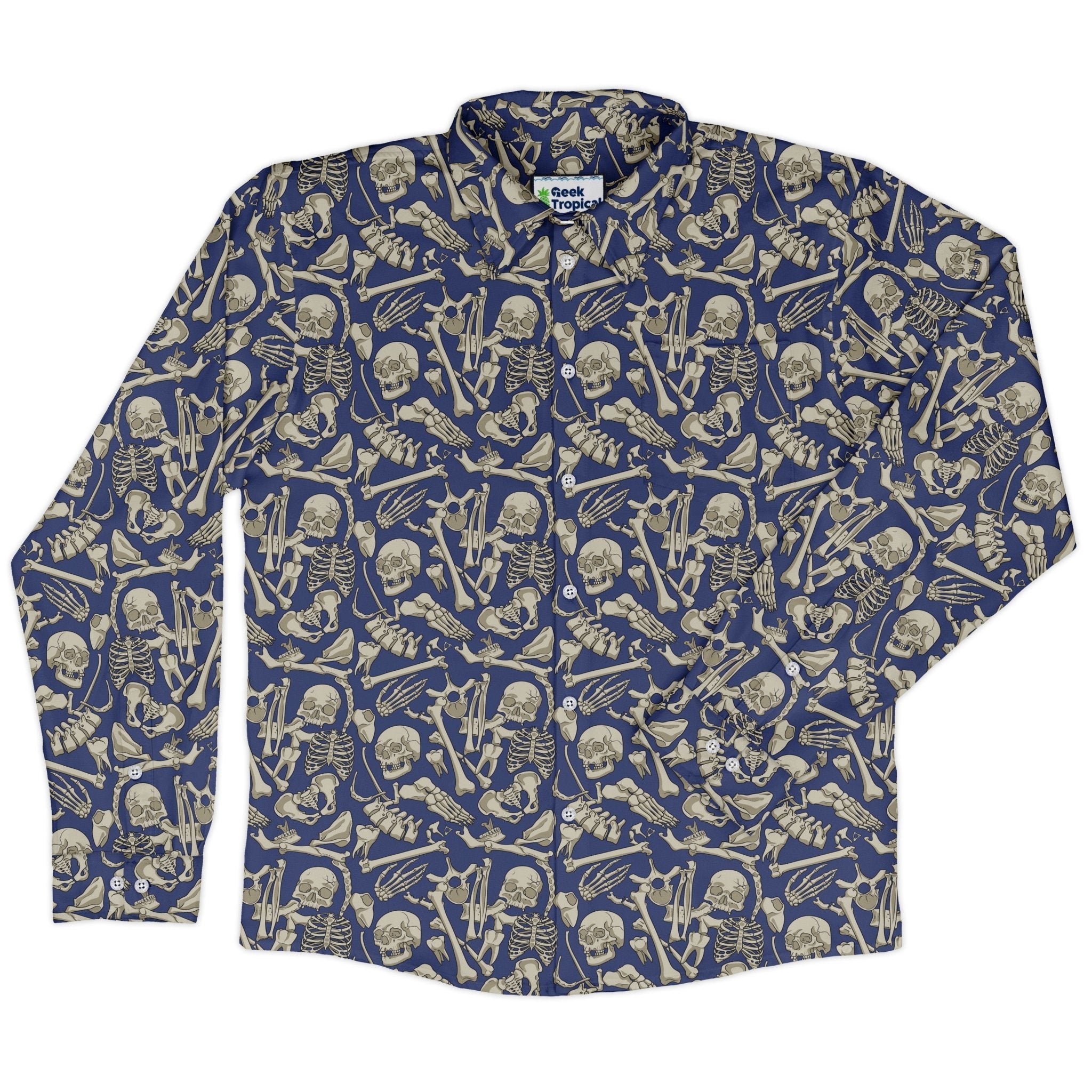 Osteology Dream Long Sleeve Button Up Shirt Geek Nerd adult sizing Design by Julie Kitzes FLOW DESC WRITING