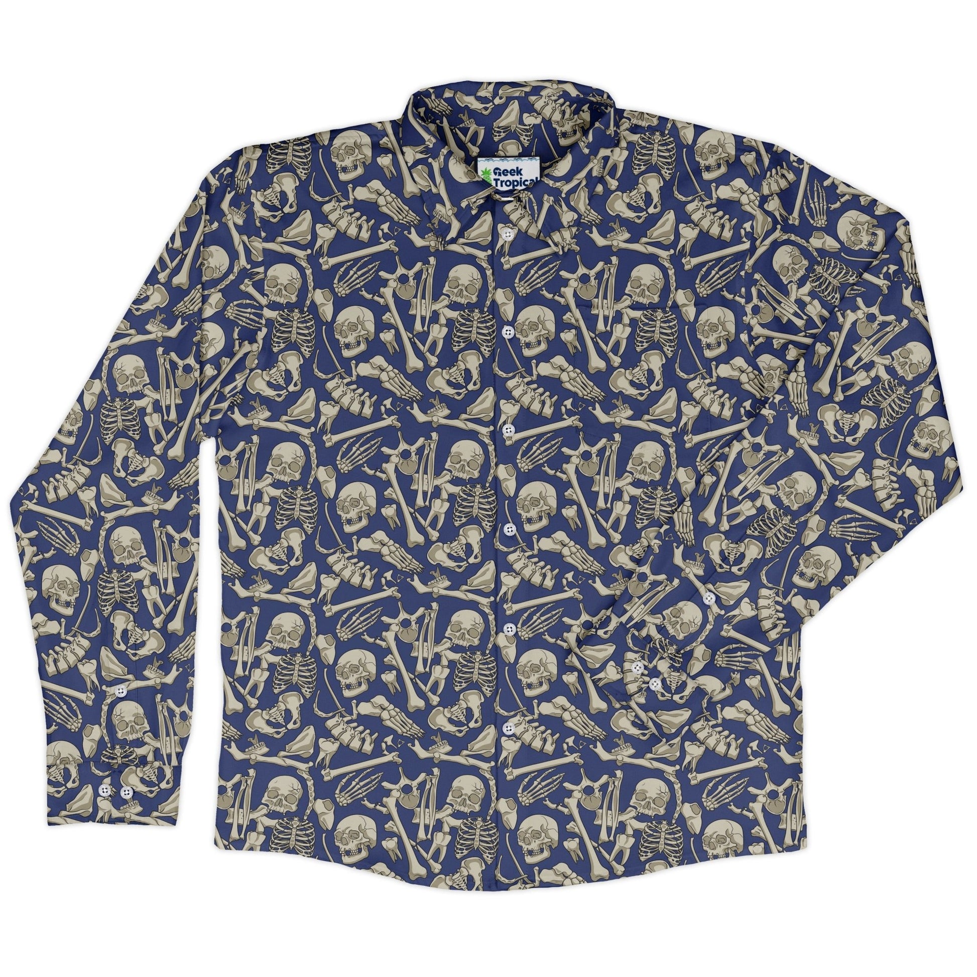 Osteology Dream Long Sleeve Button Up Shirt Geek Nerd adult sizing Design by Julie Kitzes FLOW DESC WRITING