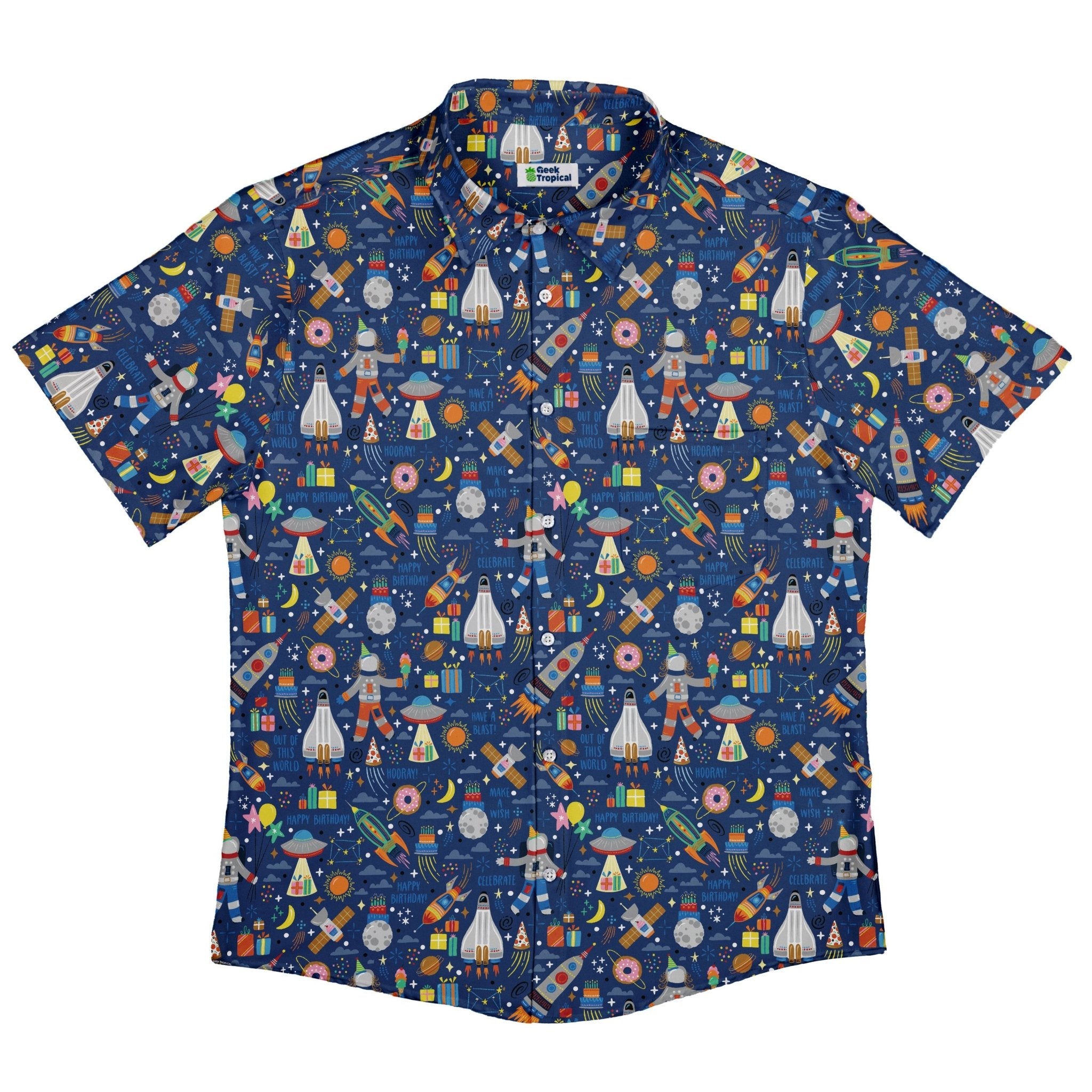 Outer Space Birthday Button Up Shirt Geek Nerd adult sizing Design by Zirkus Design outer space & astronaut print