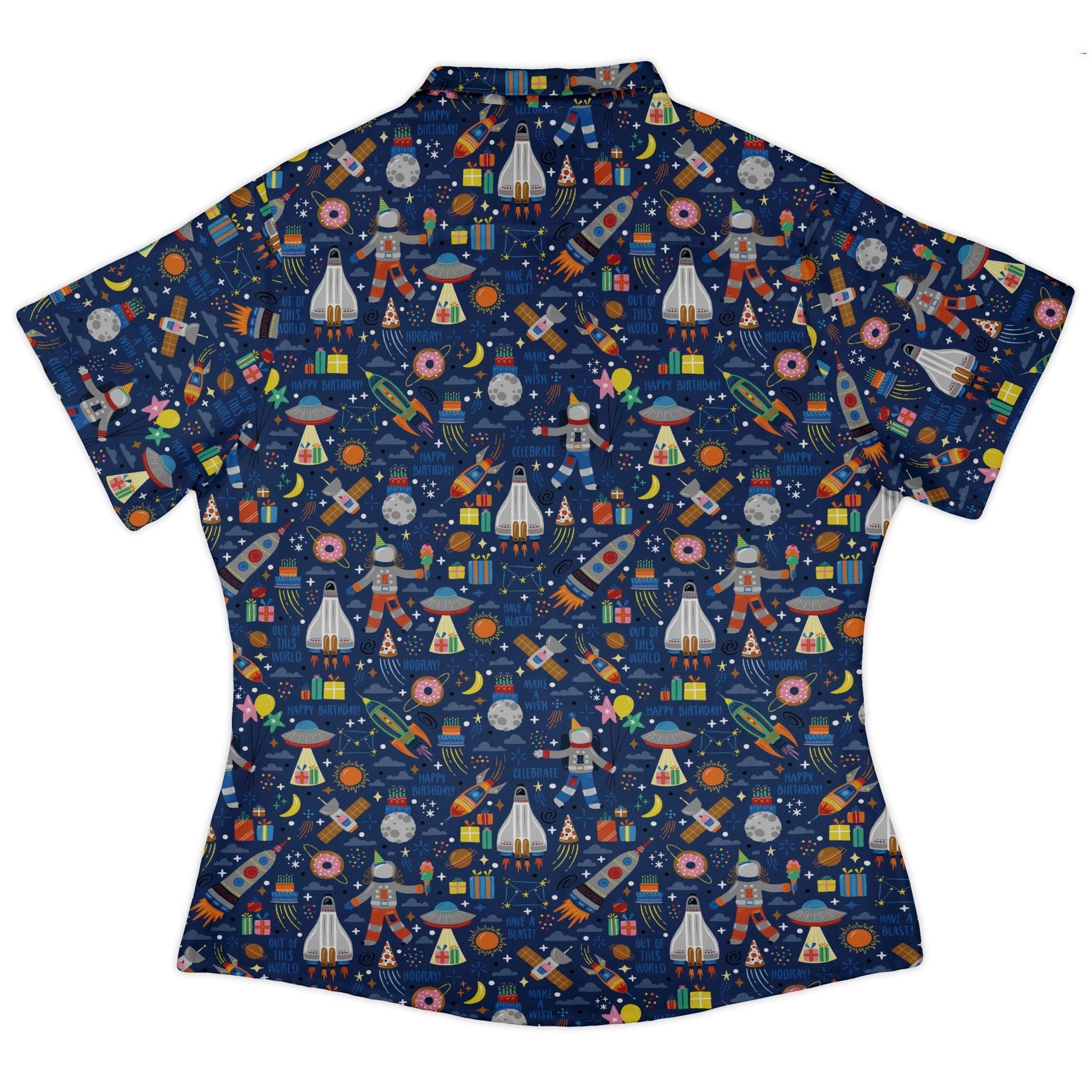 Outer Space Birthday Curvy Button Up Shirt Geek Nerd Design by Zirkus Design outer space & astronaut print q225