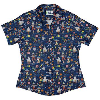 Outer Space Birthday Curvy Button Up Shirt Geek Nerd Design by Zirkus Design outer space & astronaut print q225