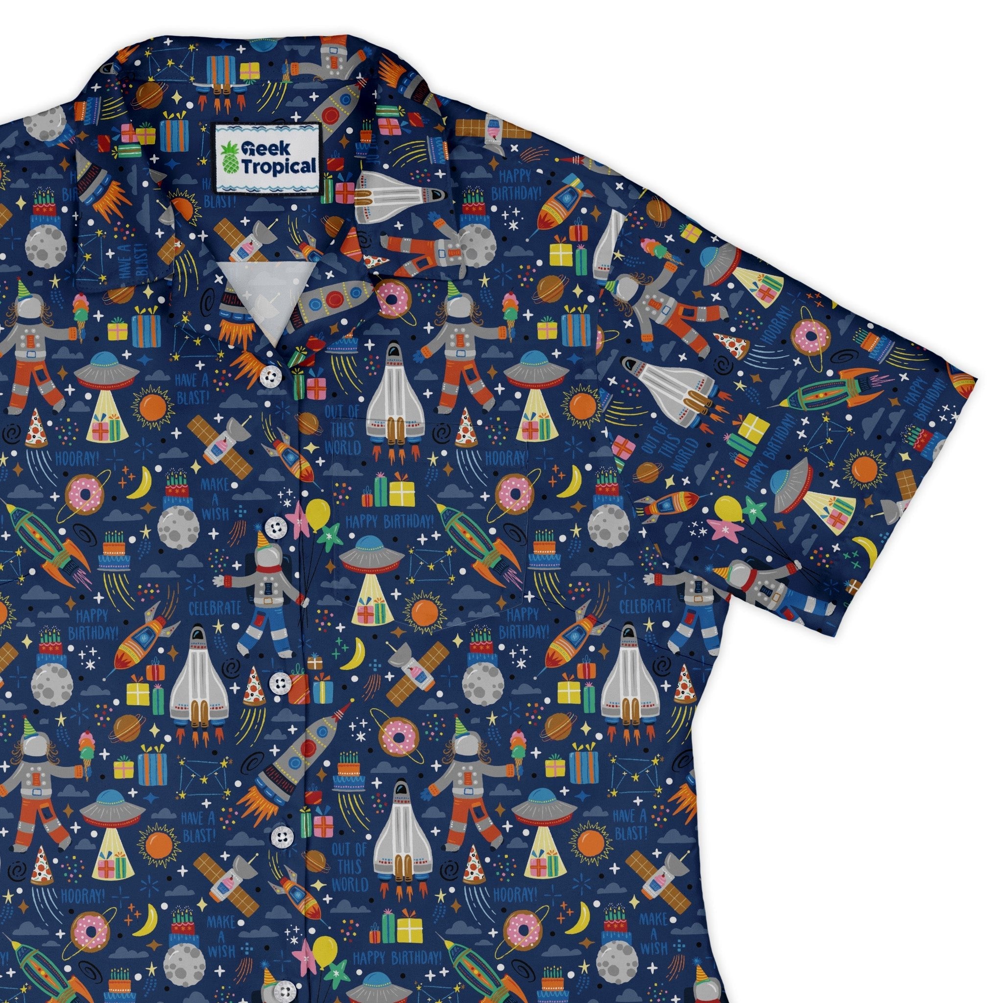 Outer Space Birthday Curvy Button Up Shirt Geek Nerd Design by Zirkus Design outer space & astronaut print q225