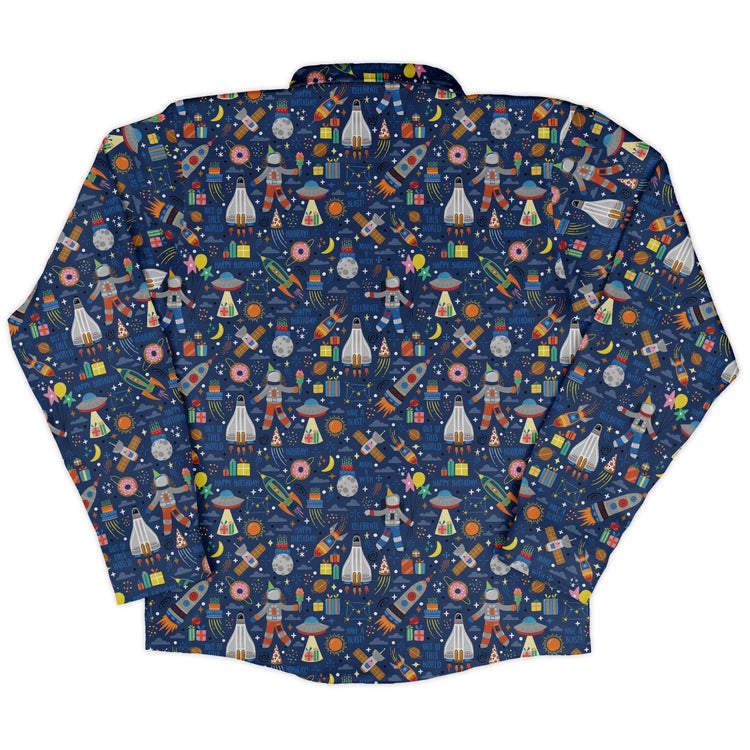 Outer Space Birthday Long Sleeve Button Up Shirt Geek Nerd adult sizing Design by Zirkus Design FLOW DESC WRITING