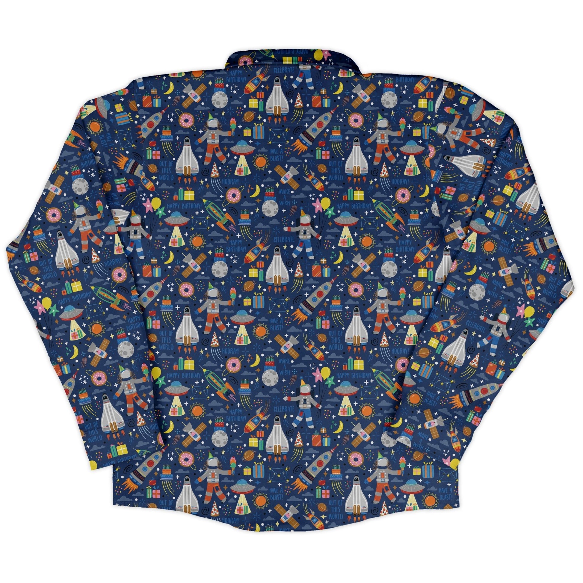 Outer Space Birthday Long Sleeve Button Up Shirt Geek Nerd adult sizing Design by Zirkus Design FLOW DESC WRITING