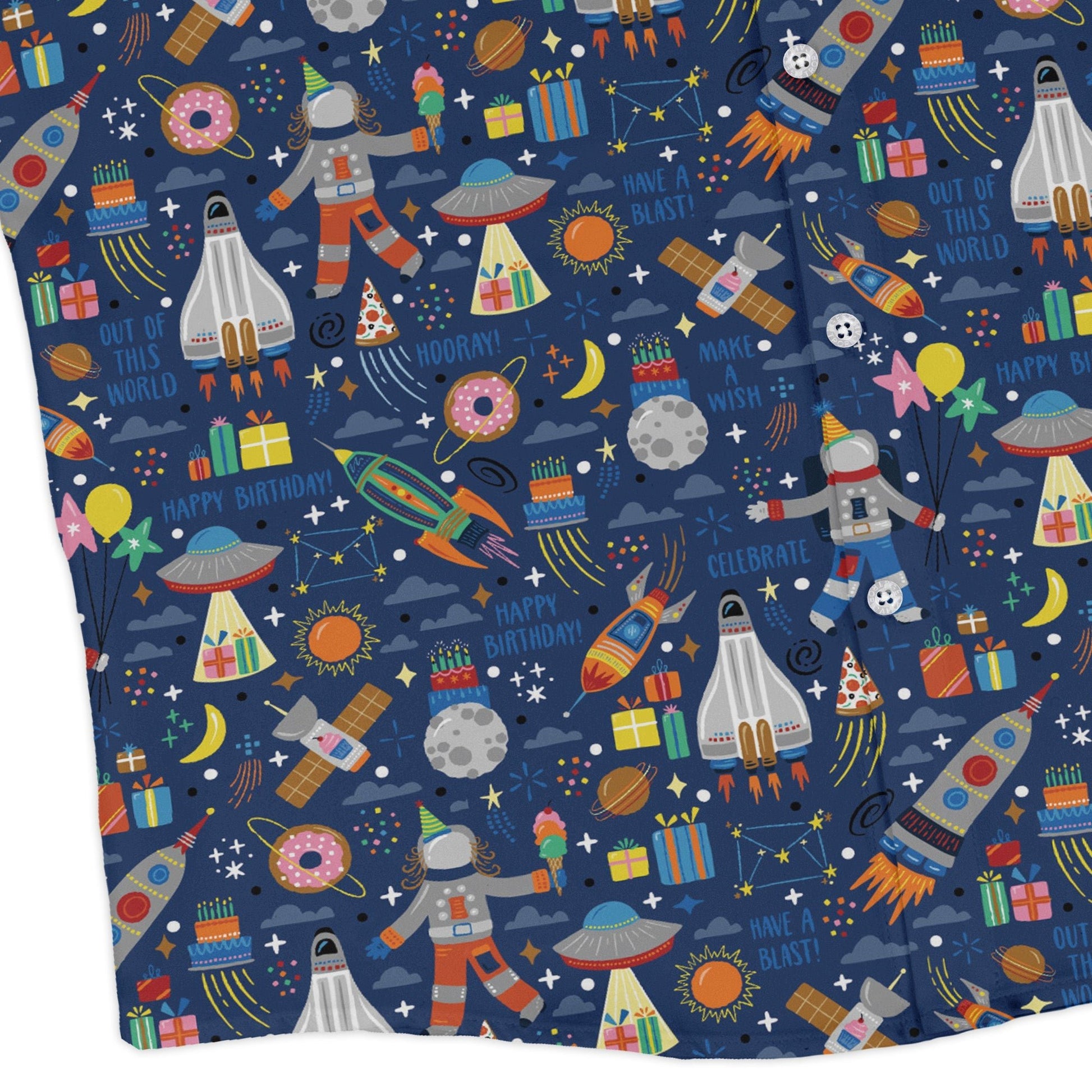 Outer Space Birthday Long Sleeve Button Up Shirt Geek Nerd adult sizing Design by Zirkus Design FLOW DESC WRITING