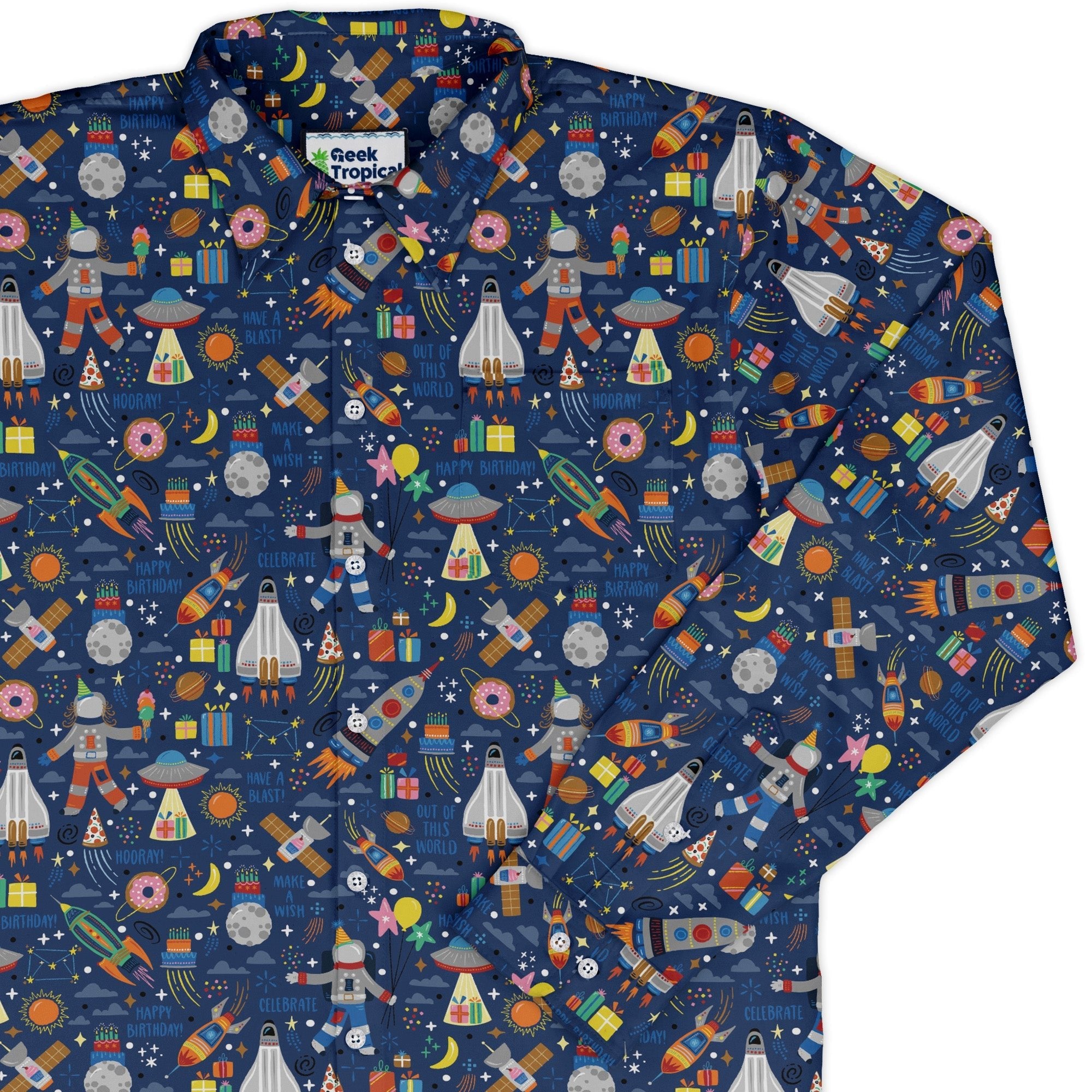 Outer Space Birthday Long Sleeve Button Up Shirt Geek Nerd adult sizing Design by Zirkus Design FLOW DESC WRITING