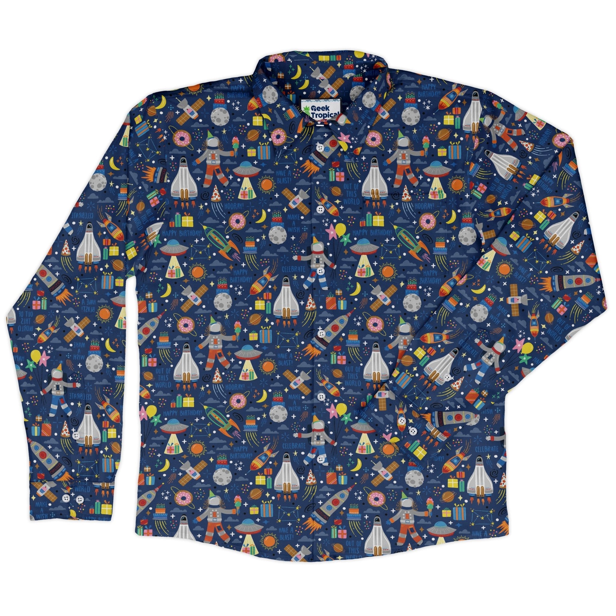 Outer Space Birthday Long Sleeve Button Up Shirt Geek Nerd adult sizing Design by Zirkus Design FLOW DESC WRITING
