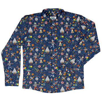 Outer Space Birthday Long Sleeve Button Up Shirt Geek Nerd adult sizing Design by Zirkus Design FLOW DESC WRITING
