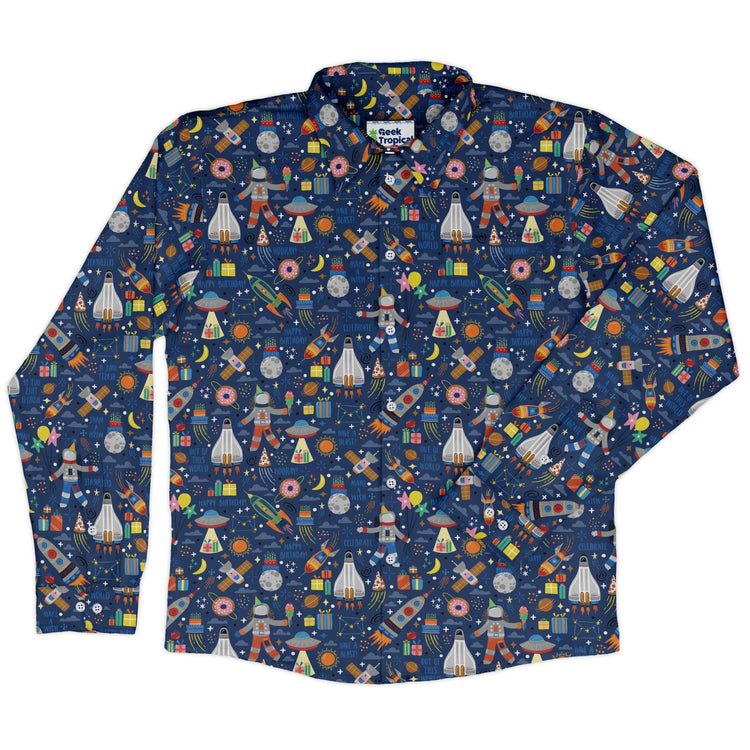 Outer Space Birthday Long Sleeve Button Up Shirt Geek Nerd adult sizing Design by Zirkus Design FLOW DESC WRITING