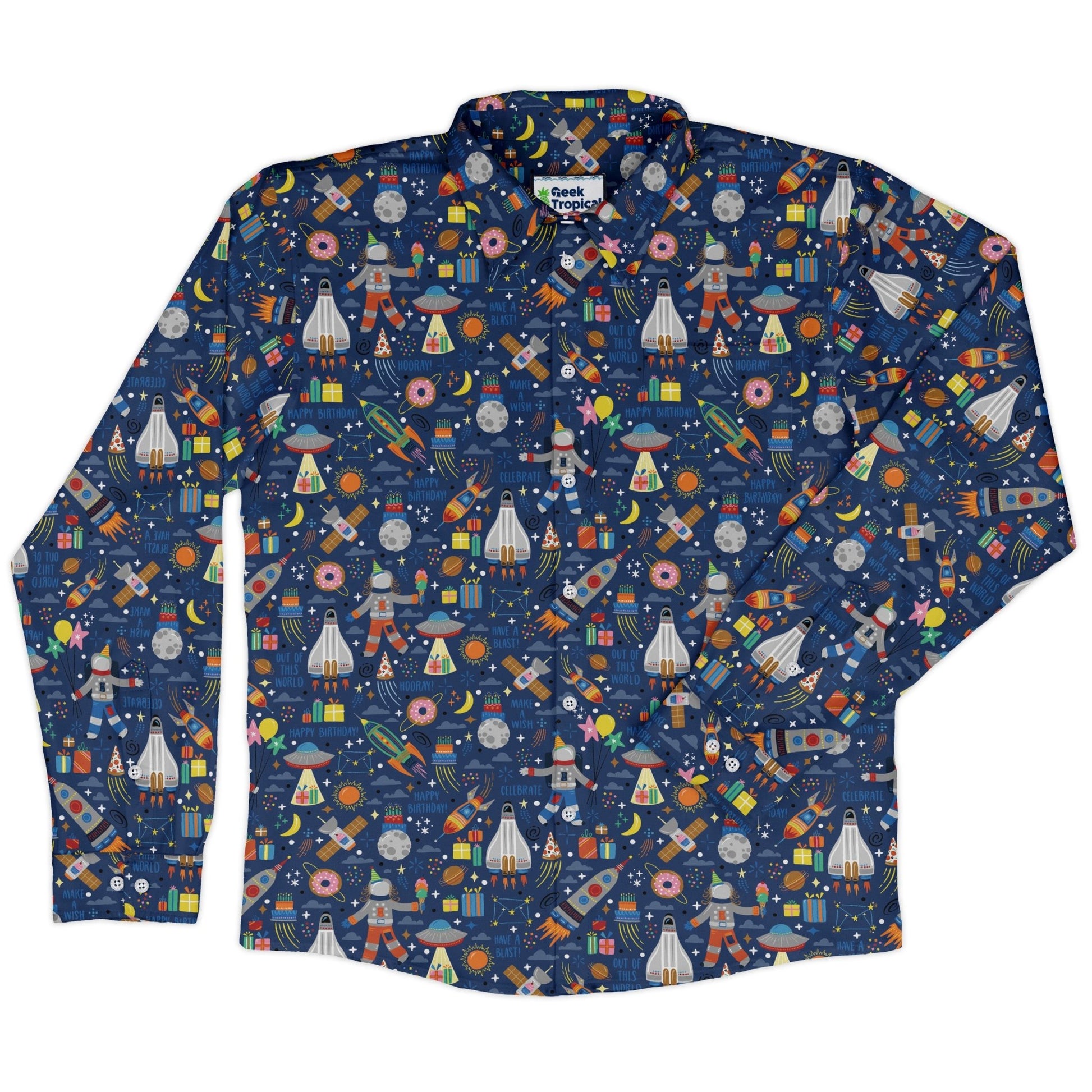 Outer Space Birthday Long Sleeve Button Up Shirt Geek Nerd adult sizing Design by Zirkus Design FLOW DESC WRITING