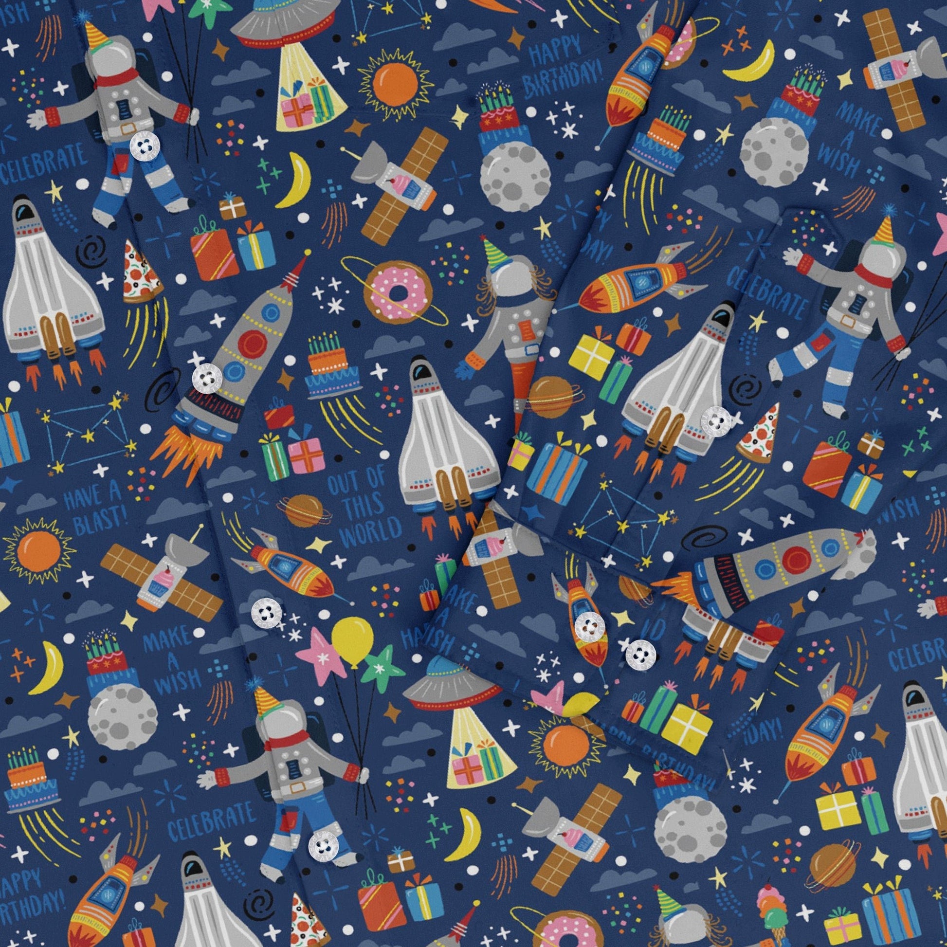Outer Space Birthday Long Sleeve Button Up Shirt Geek Nerd adult sizing Design by Zirkus Design FLOW DESC WRITING