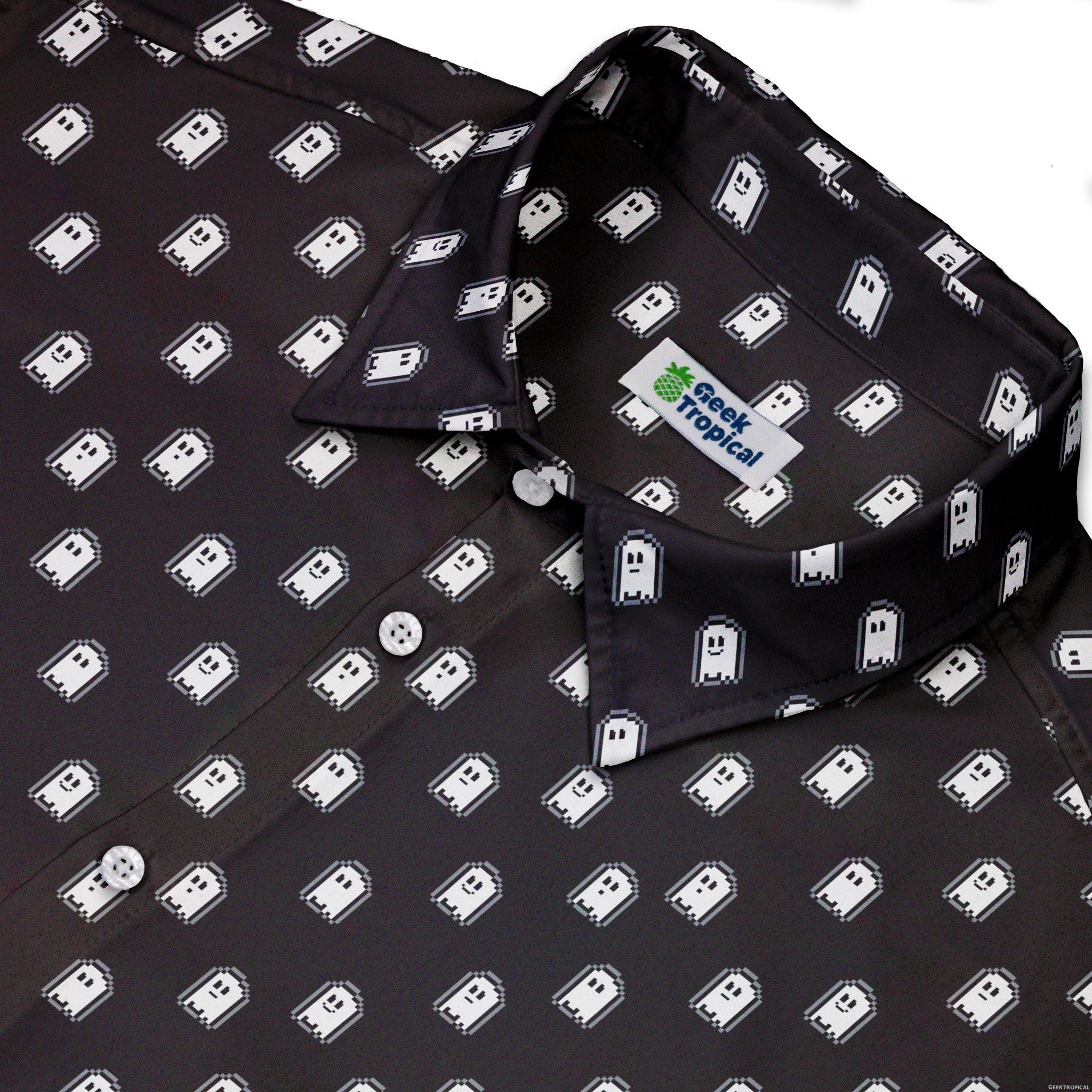 Pixel Ghost Button Up Shirt - adult sizing - Design by Heather Davenport - halloween