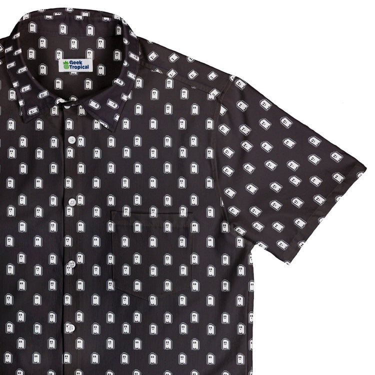 Pixel Ghost Button Up Shirt - adult sizing - Design by Heather Davenport - halloween