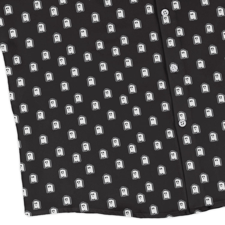 PIxel Ghost Long Sleeve Button Up Shirt Geek Nerd adult sizing Design by Heather Davenport FLOW DESC WRITING