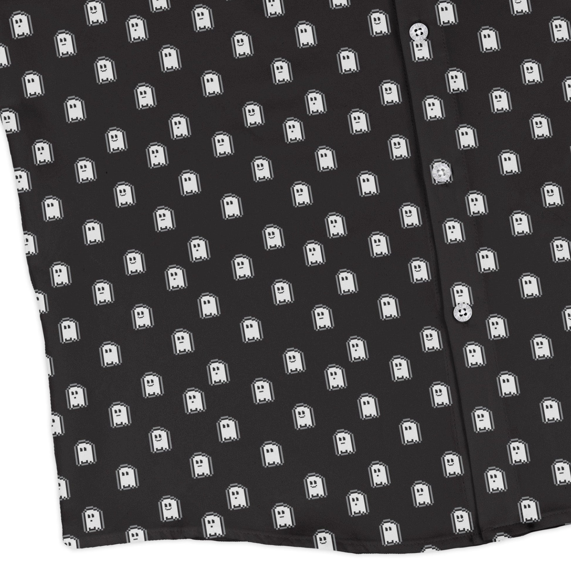PIxel Ghost Long Sleeve Button Up Shirt Geek Nerd adult sizing Design by Heather Davenport FLOW DESC WRITING