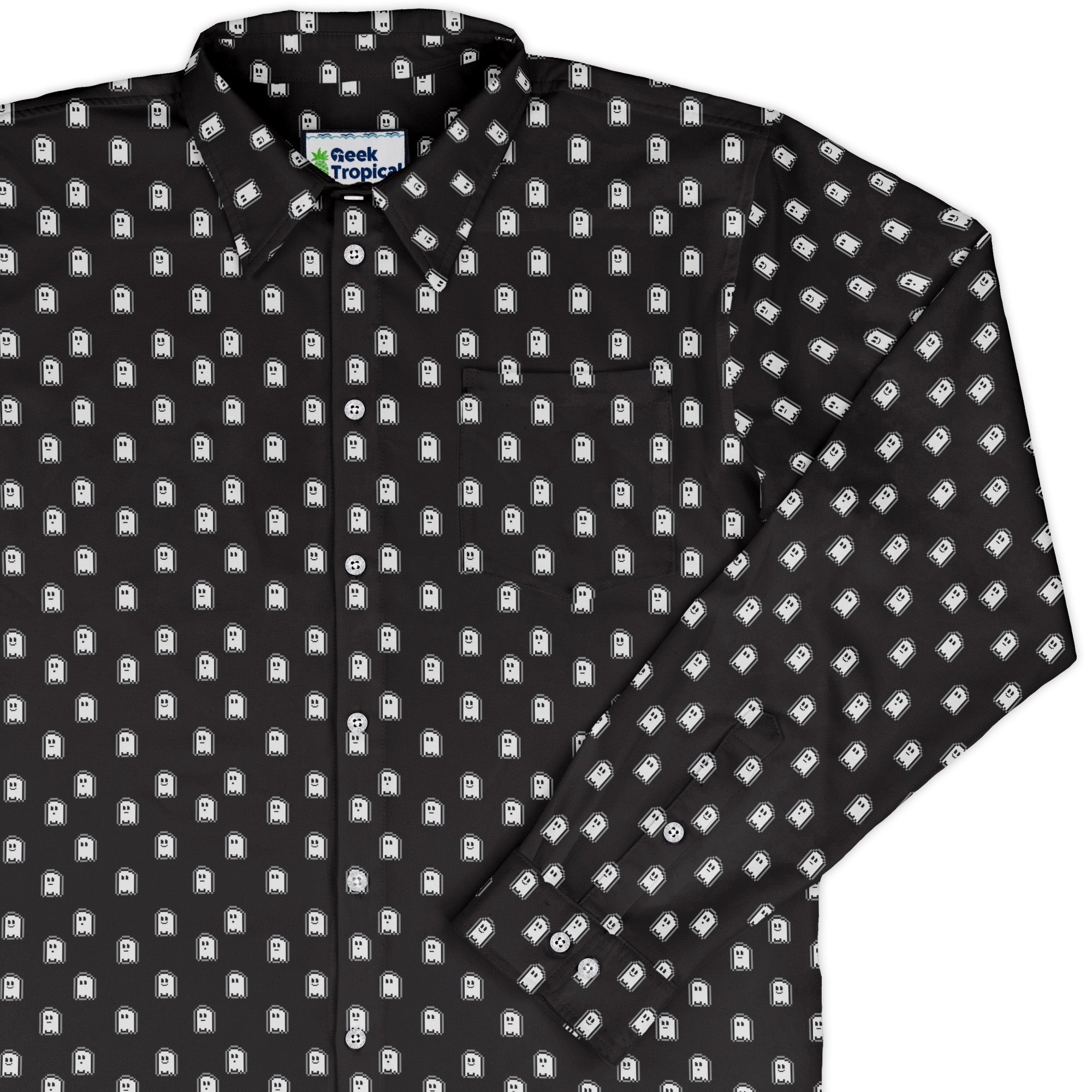 PIxel Ghost Long Sleeve Button Up Shirt Geek Nerd adult sizing Design by Heather Davenport FLOW DESC WRITING