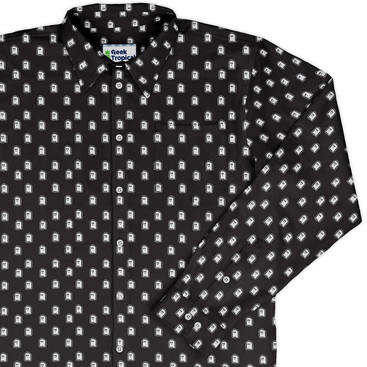 PIxel Ghost Long Sleeve Button Up Shirt Geek Nerd adult sizing Design by Heather Davenport FLOW DESC WRITING