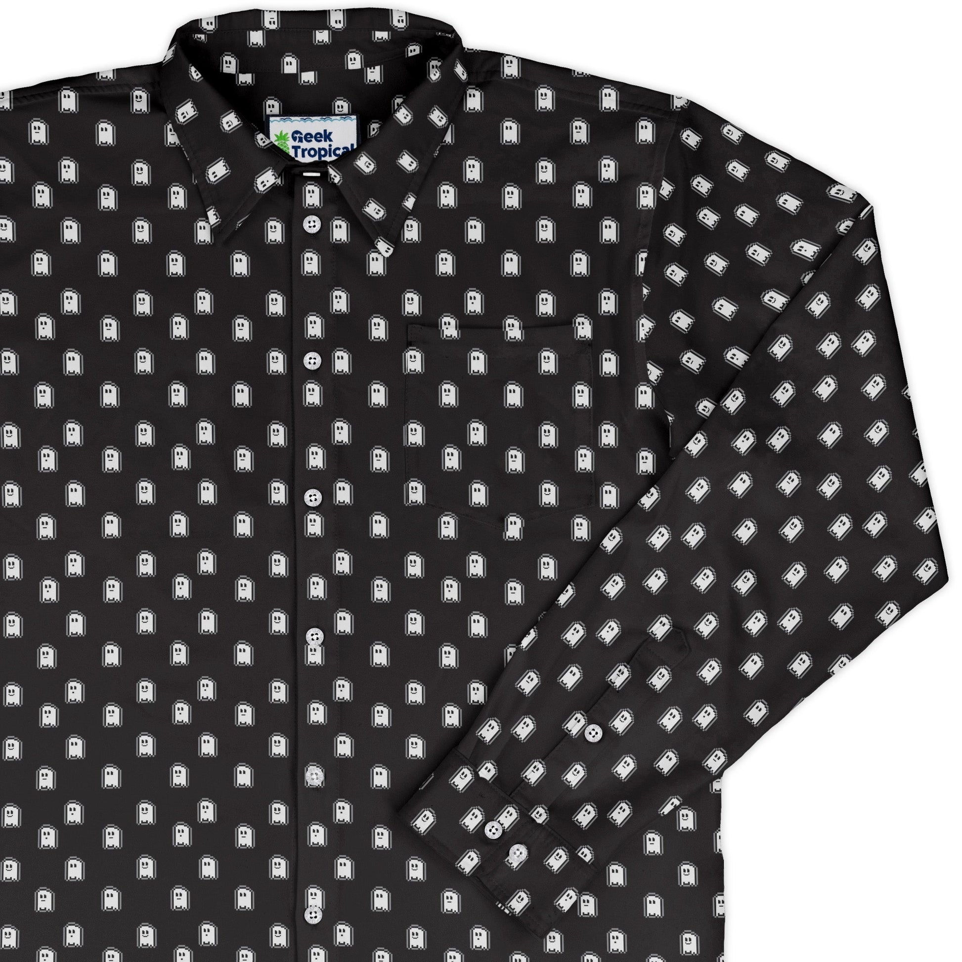 PIxel Ghost Long Sleeve Button Up Shirt Geek Nerd adult sizing Design by Heather Davenport FLOW DESC WRITING