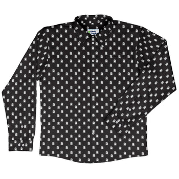 PIxel Ghost Long Sleeve Button Up Shirt Geek Nerd adult sizing Design by Heather Davenport FLOW DESC WRITING