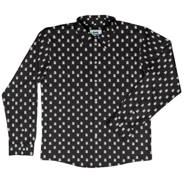 PIxel Ghost Long Sleeve Button Up Shirt Geek Nerd adult sizing Design by Heather Davenport FLOW DESC WRITING
