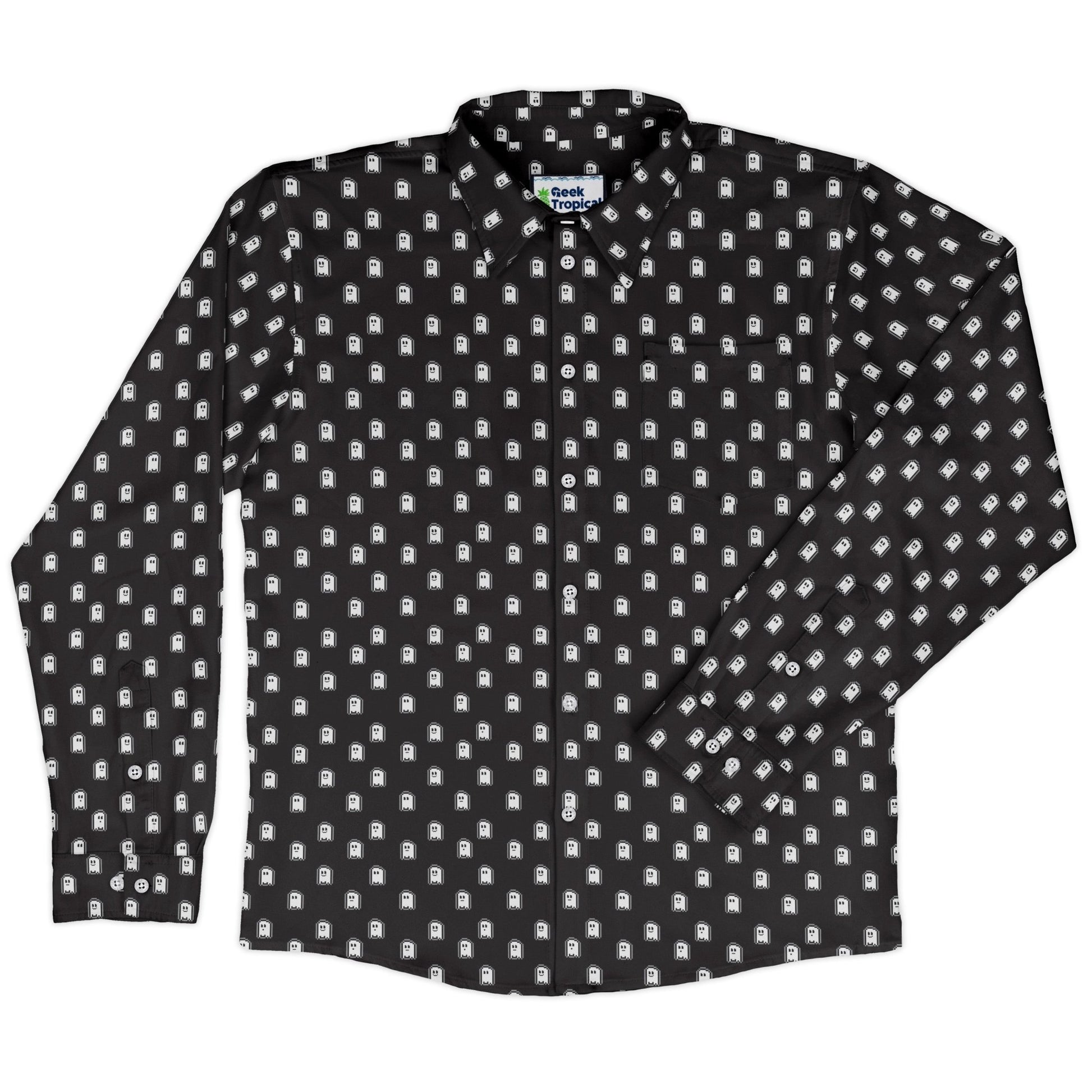 PIxel Ghost Long Sleeve Button Up Shirt Geek Nerd adult sizing Design by Heather Davenport FLOW DESC WRITING