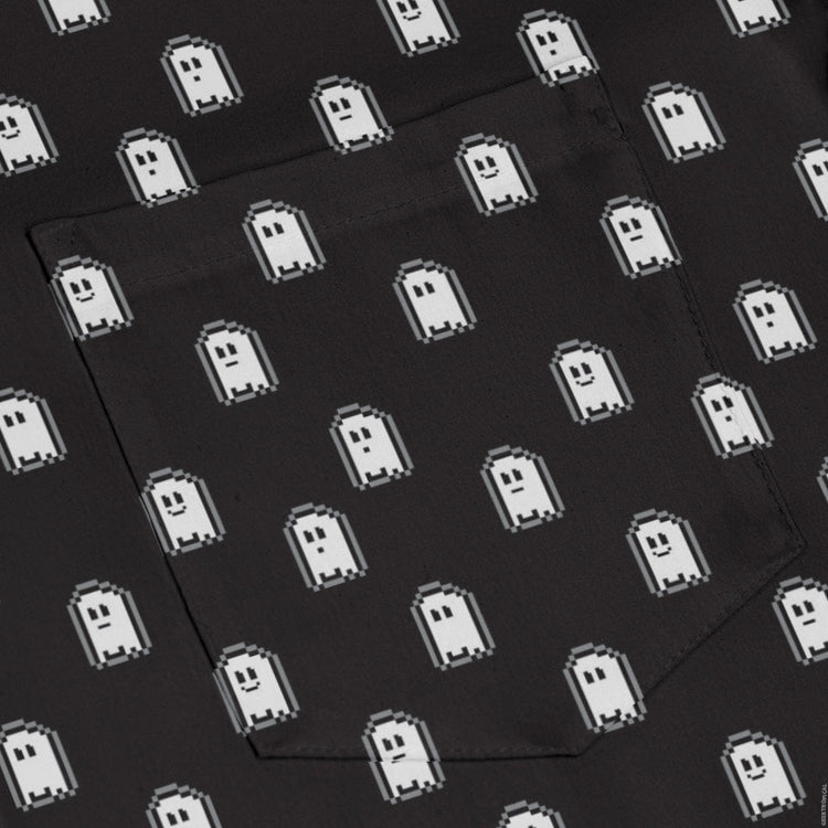 PIxel Ghost Long Sleeve Button Up Shirt Geek Nerd adult sizing Design by Heather Davenport FLOW DESC WRITING