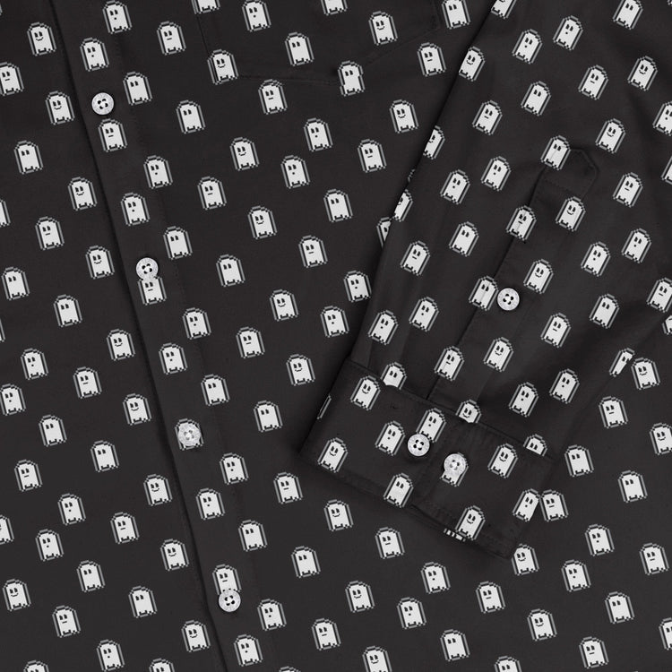 PIxel Ghost Long Sleeve Button Up Shirt Geek Nerd adult sizing Design by Heather Davenport FLOW DESC WRITING