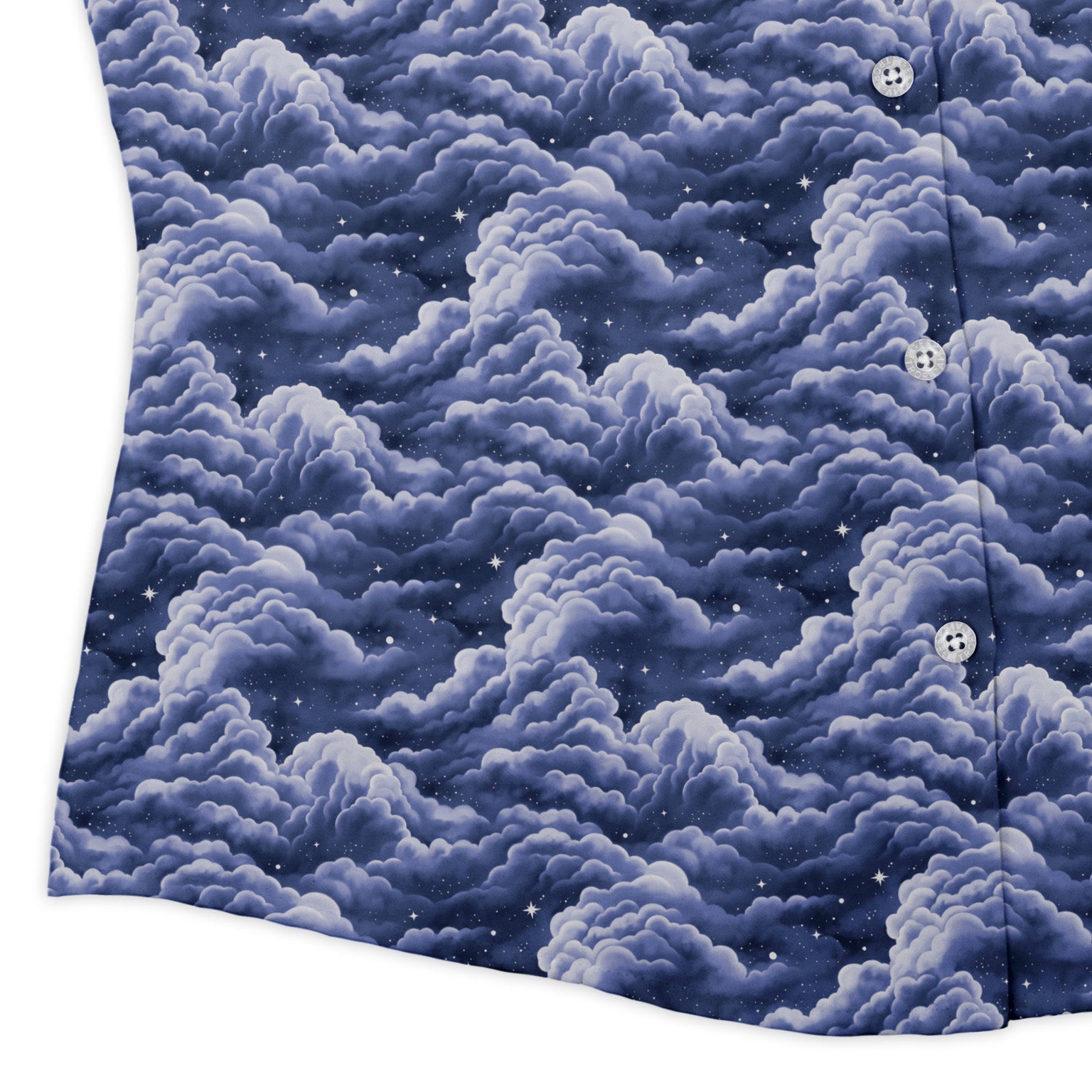 Painted Night Clouds Blue Curvy Button Up Shirt womens corner