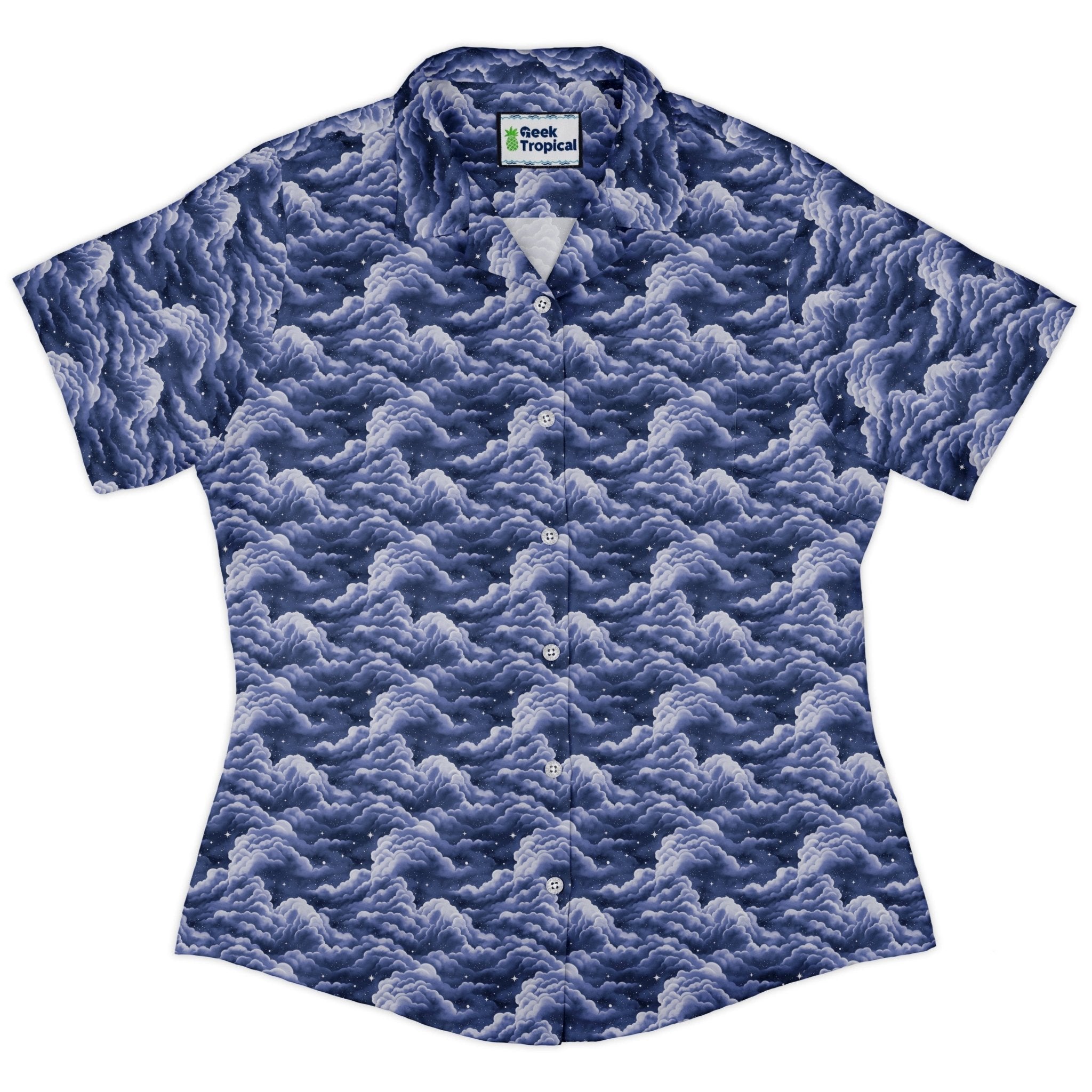 Painted Night Clouds Blue Curvy Button Up Shirt 2