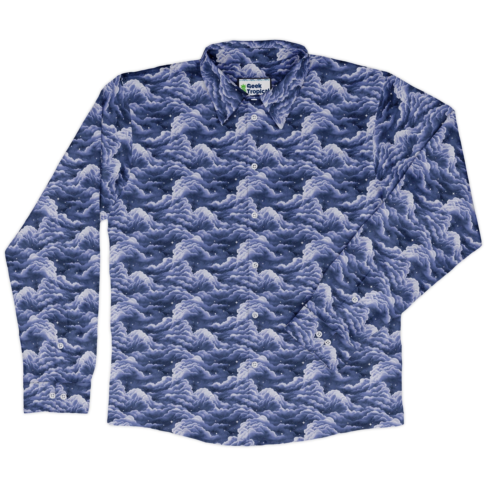 Painted Night Clouds Blue Long Sleeve Button Up Shirt front