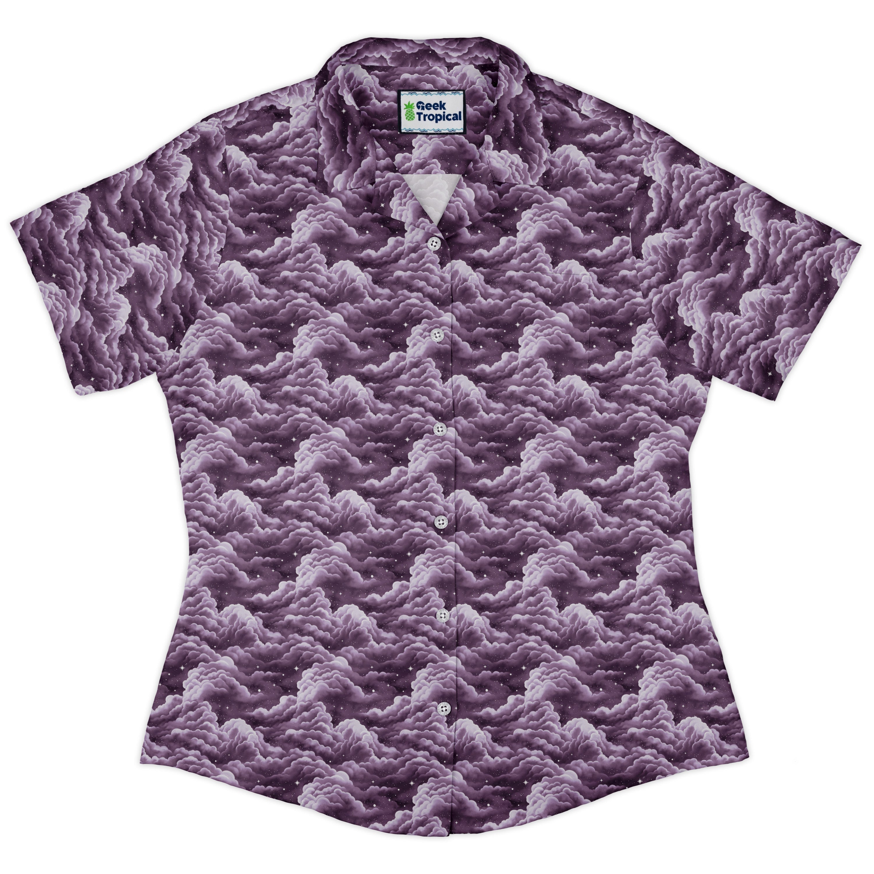 Painted Night Clouds Lilac Curvy Button Up Shirt womens front