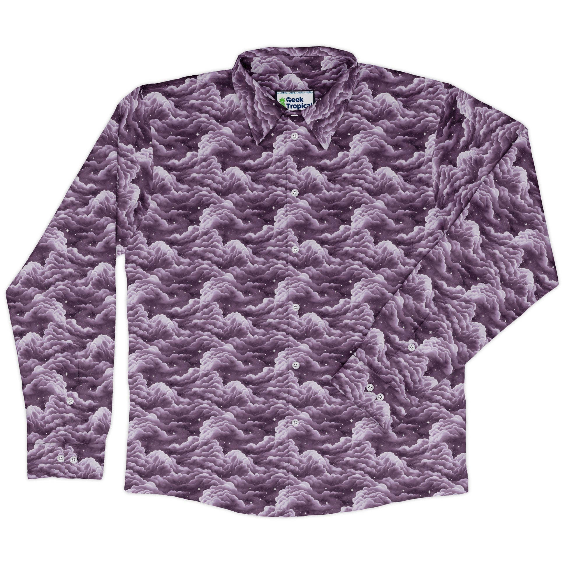 Painted Night Clouds Lilac Long Sleeve Button Up Shirt front